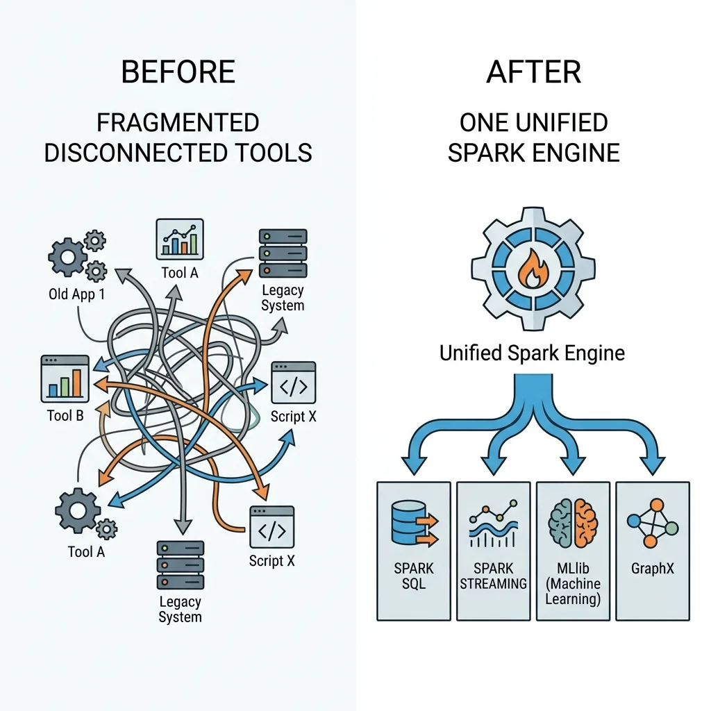 Before-and-after comparison: fragmented, disconnected tools with tangled arrows versus one unified Spark engine feeding four aligned libraries.