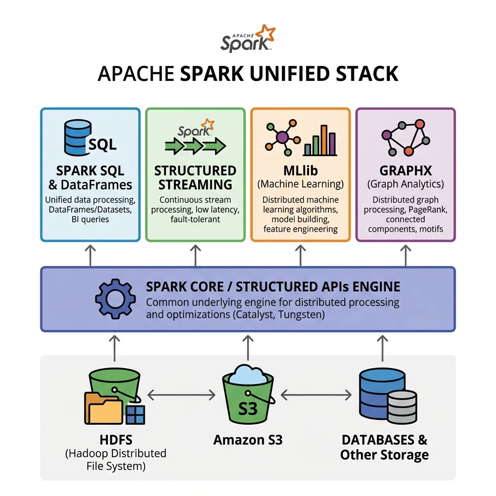 The Apache Spark unified stack: a central Spark Core / Structured APIs engine with Spark SQL, Structured Streaming, MLlib, and GraphX on top, reading from external storage (HDFS, S3, databases).