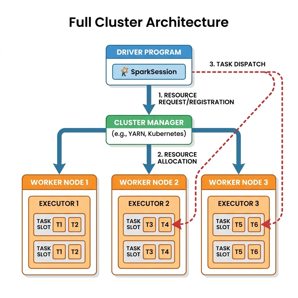 Spark cluster architecture: a Driver (holding the SparkSession) talks to a Cluster Manager, which launches Executors with task slots on three Worker Nodes; arrows show the driver dispatching tasks.