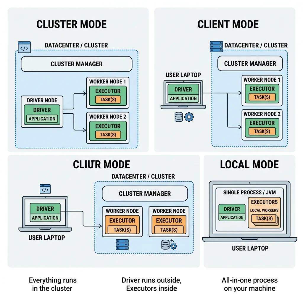 Three Spark execution modes: cluster (driver and executors inside the cluster), client (driver on an external machine, executors inside the cluster), and local (driver and executors together on one laptop).