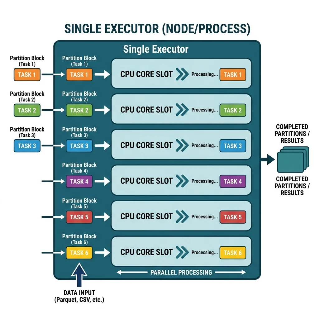 A single Spark executor with four CPU core slots, each core processing one data partition (a task) in parallel.