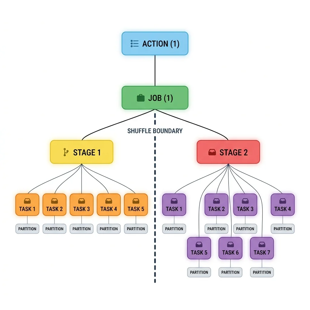 Execution hierarchy: an Action branches into a Job, which splits into two Stages at a shuffle boundary, and each Stage fans out into multiple Tasks mapped to partitions.