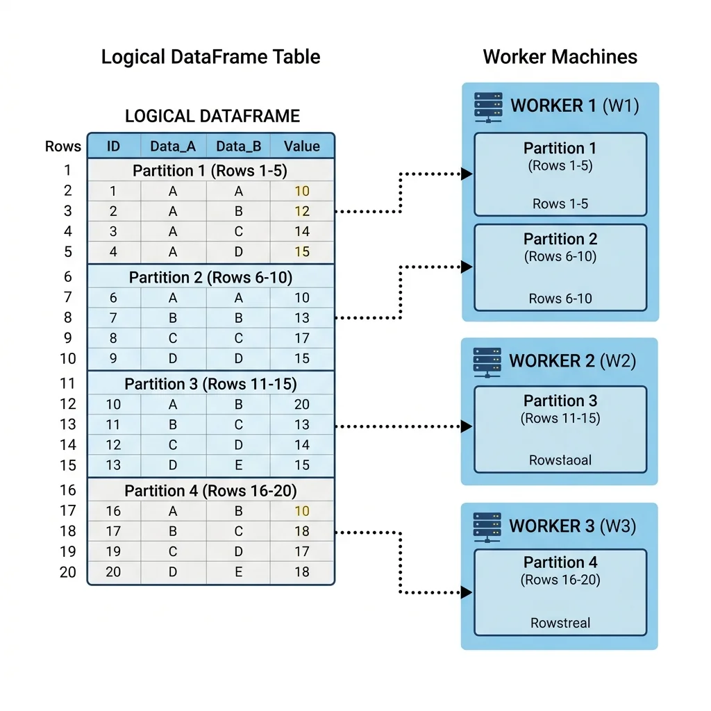 A single logical DataFrame table splitting into four partition blocks distributed across three worker machines, with dotted lines mapping each partition to a physical storage block.