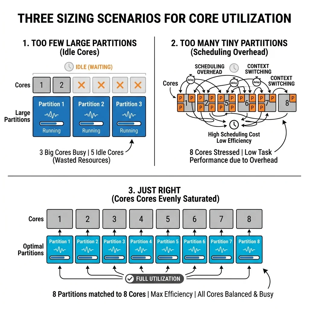 Three partitioning scenarios: too few large partitions (idle cores), too many tiny partitions (heavy scheduling overhead), and just right (cores evenly saturated).
