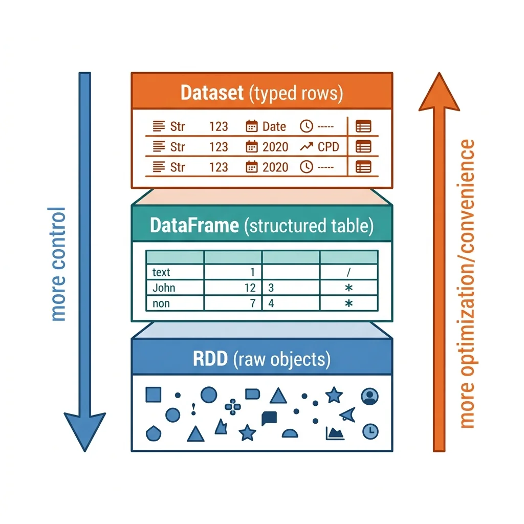 Three stacked abstraction layers, bottom to top: RDD (low-level, raw objects), DataFrame (structured table), Dataset (typed rows); an arrow shows "more control" pointing down and "more optimization and convenience" pointing up.