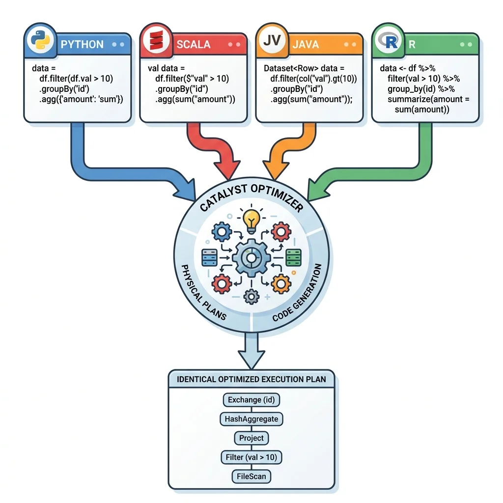 The same DataFrame query written in Python, Scala, Java, and R, all funneling through the Catalyst optimizer into one identical optimized execution plan.