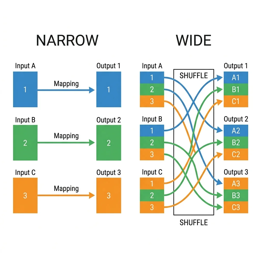 Narrow vs. wide transformations: narrow shows three input partitions each mapping straight to one output partition with no crossing lines; wide shows three input partitions with many crossing arrows redistributing data into new output partitions (a shuffle).
