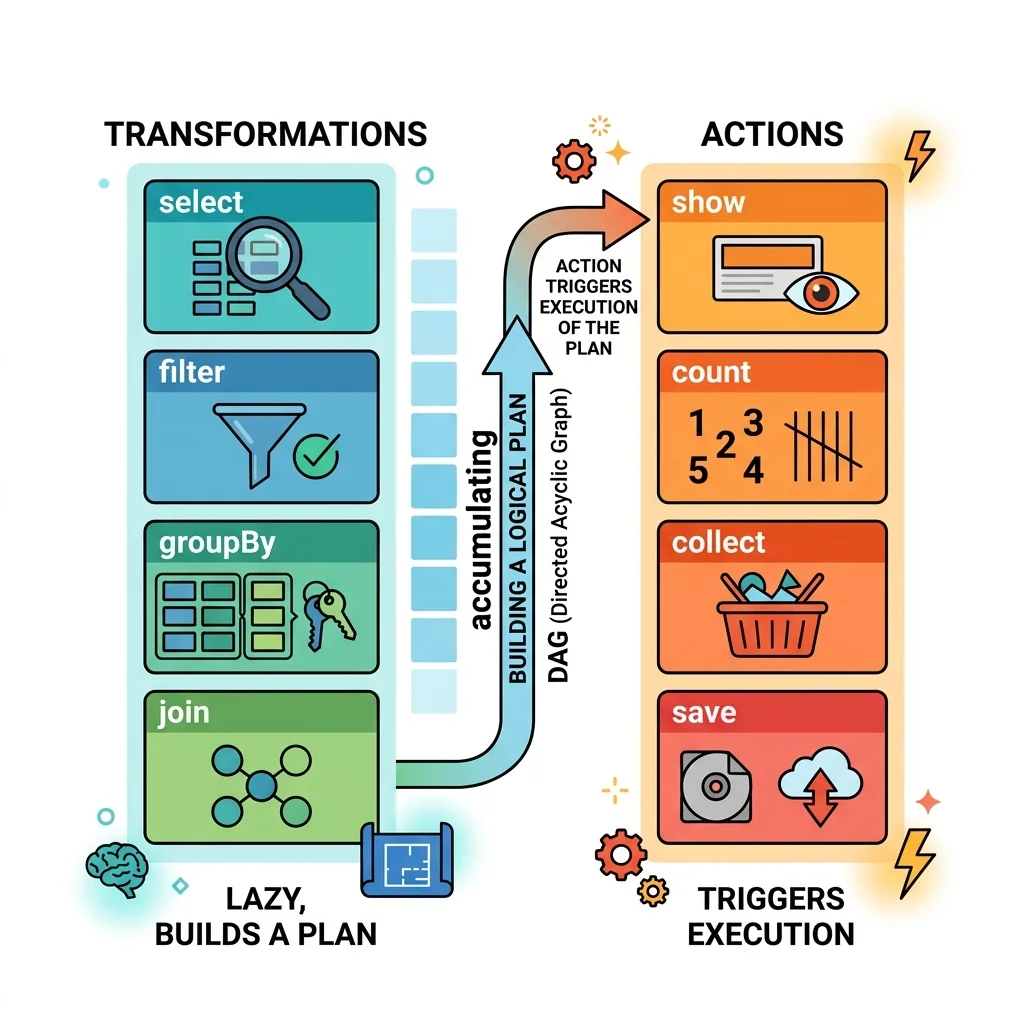 Two columns: Transformations (select, filter, groupBy, join — lazy, builds a plan) versus Actions (show, count, collect, save — triggers execution), with an arrow showing transformations accumulating into a plan an action finally runs.