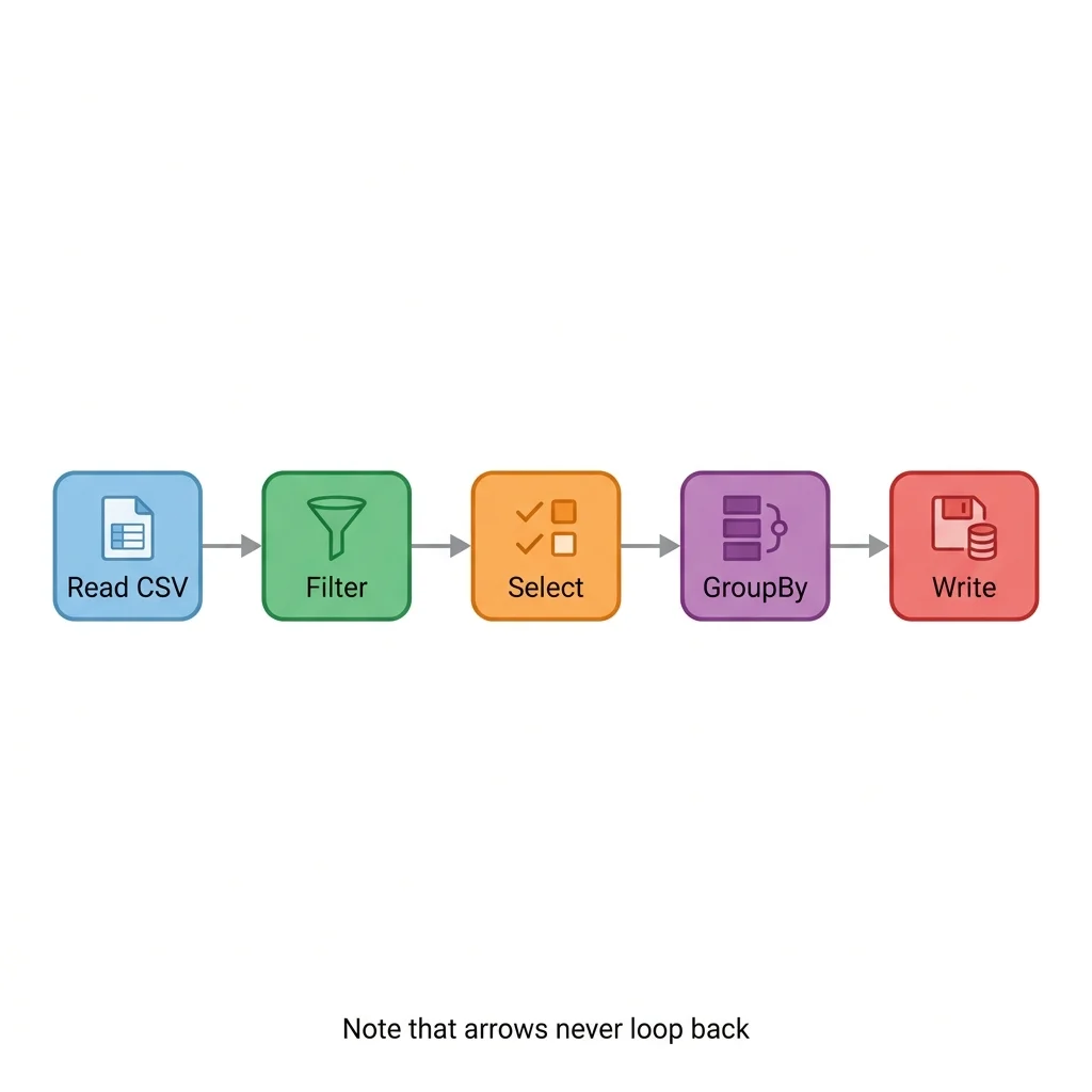 A left-to-right directed acyclic graph: Read CSV → Filter → Select → GroupBy → Write, with one-way arrows that never loop back.