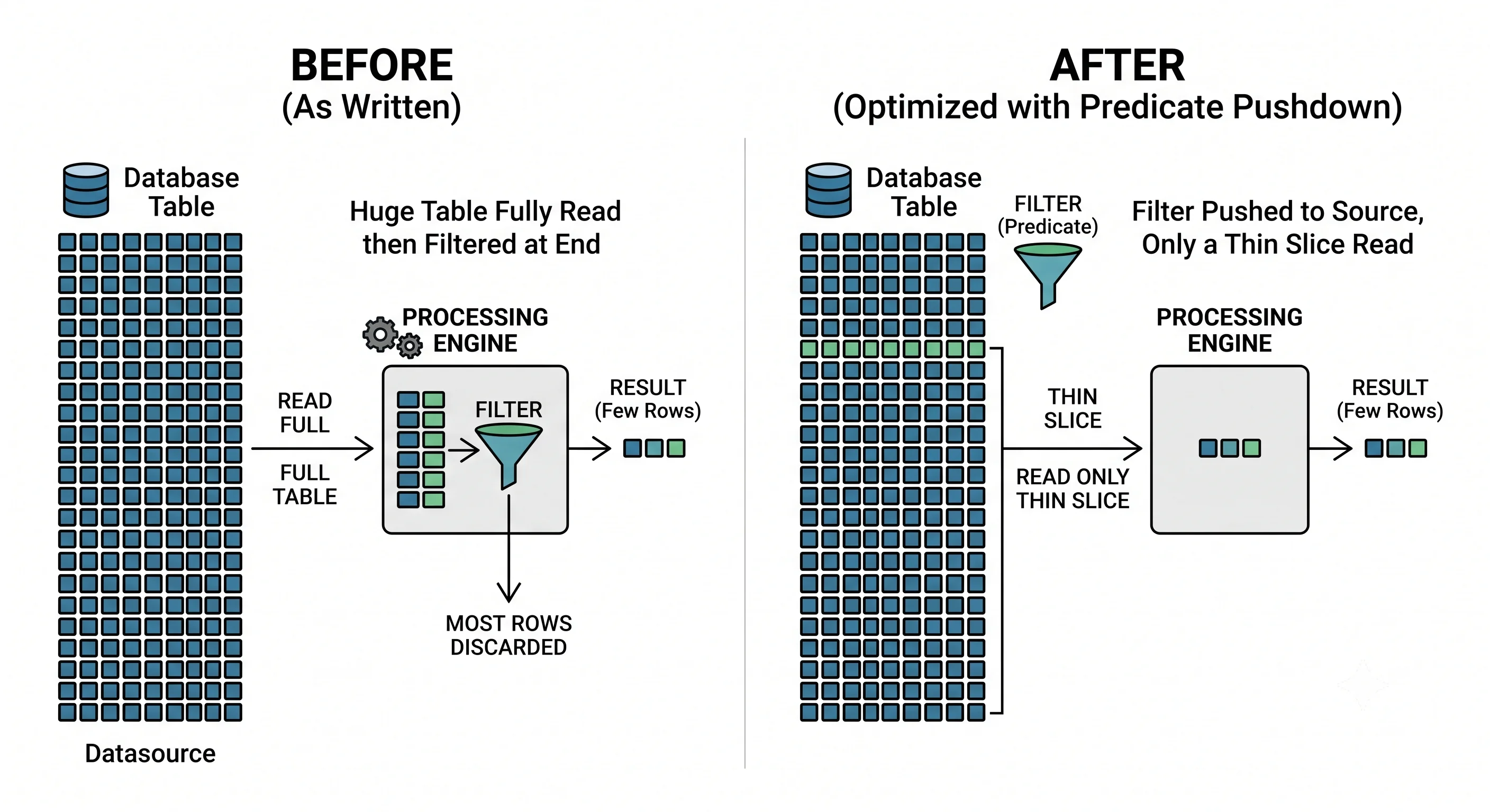 Predicate pushdown before and after: as written, a huge table is fully read then filtered at the end (most rows discarded); as optimized, the filter is pushed to the source so only a thin slice is read.