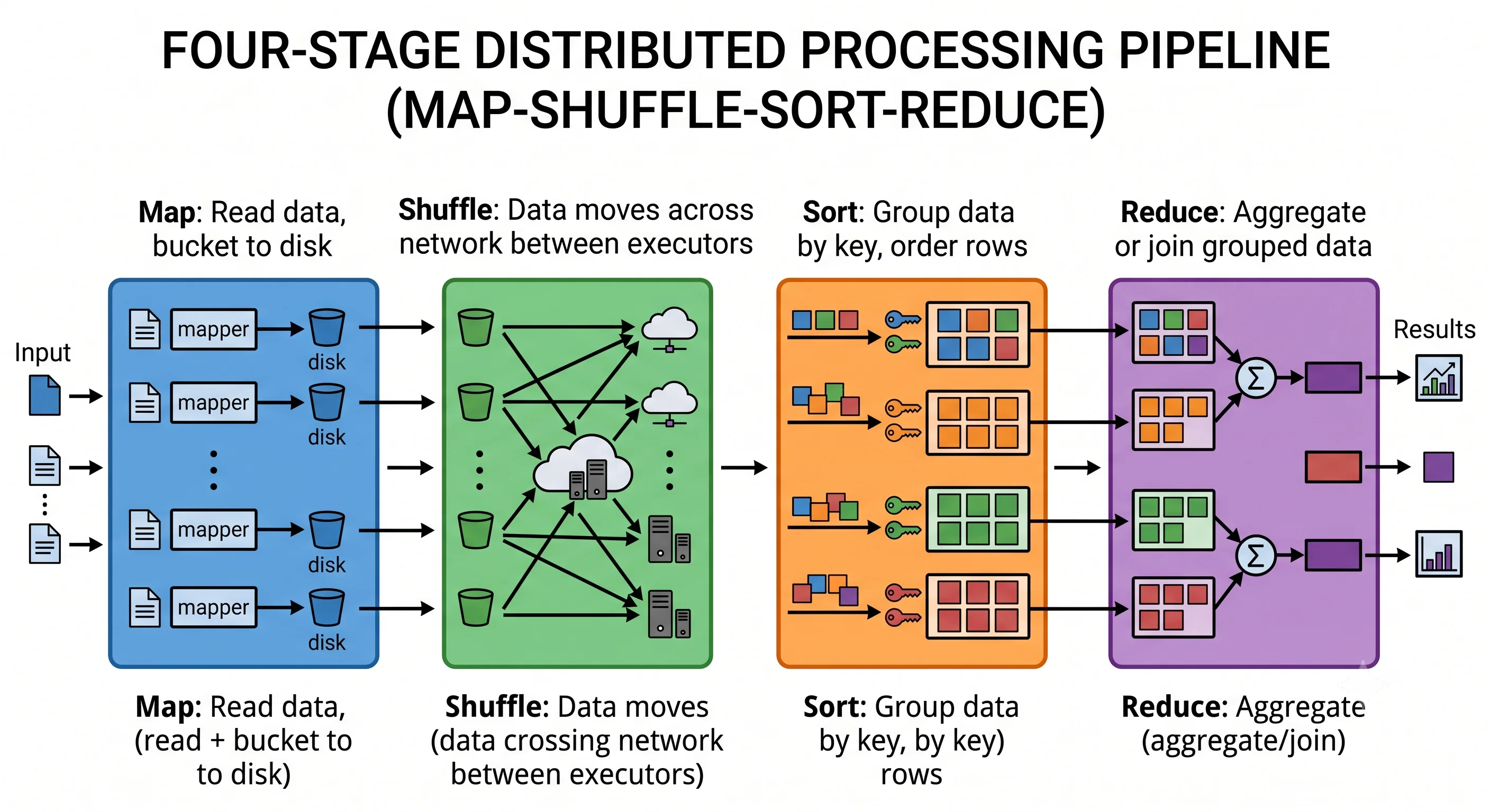 The four phases of a shuffle in a horizontal pipeline: Map (read and bucket to disk) → Shuffle (data crossing the network between executors) → Sort (group by key) → Reduce (aggregate/join).
