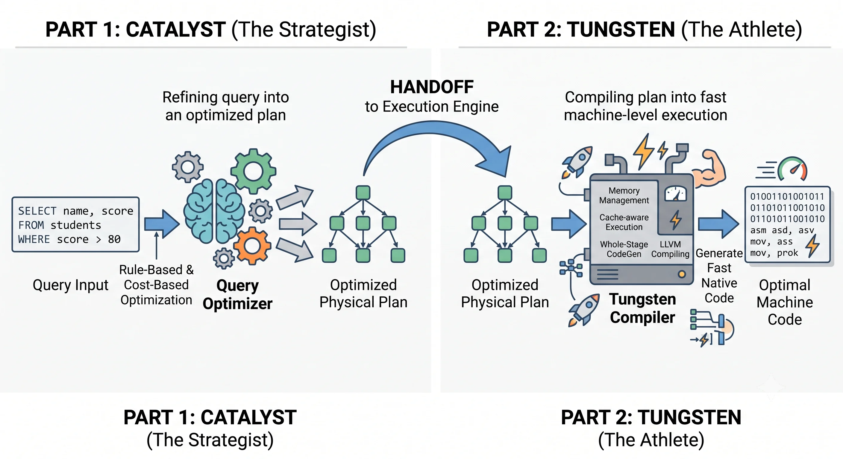 Catalyst (the strategist) refines a query into an optimized plan, then hands off to Tungsten (the athlete), which compiles it into fast machine-level execution.