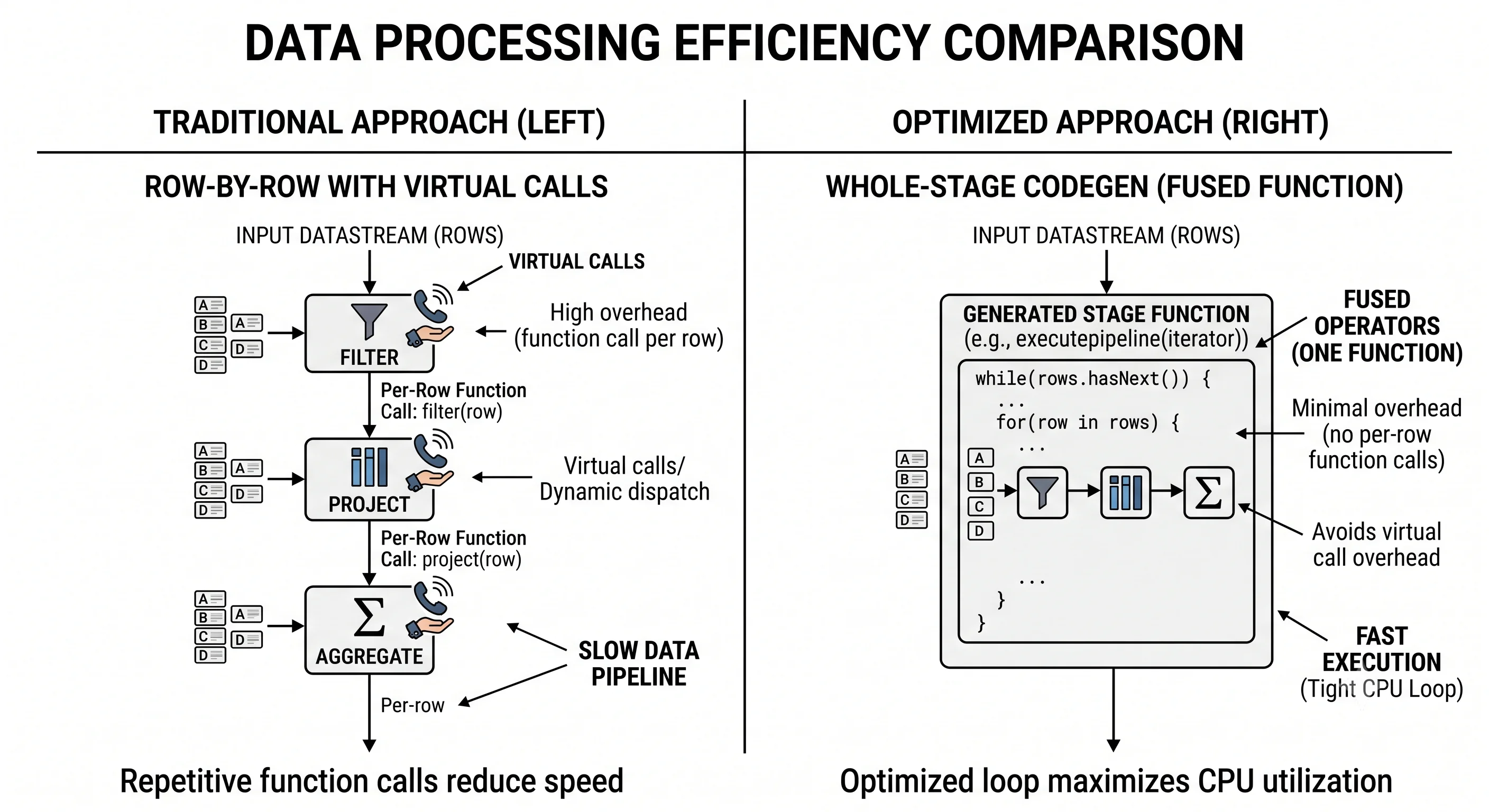 Row-by-row execution with a virtual call per operator per row versus whole-stage code generation, where operators are fused into one compact function processing rows in a tight loop.