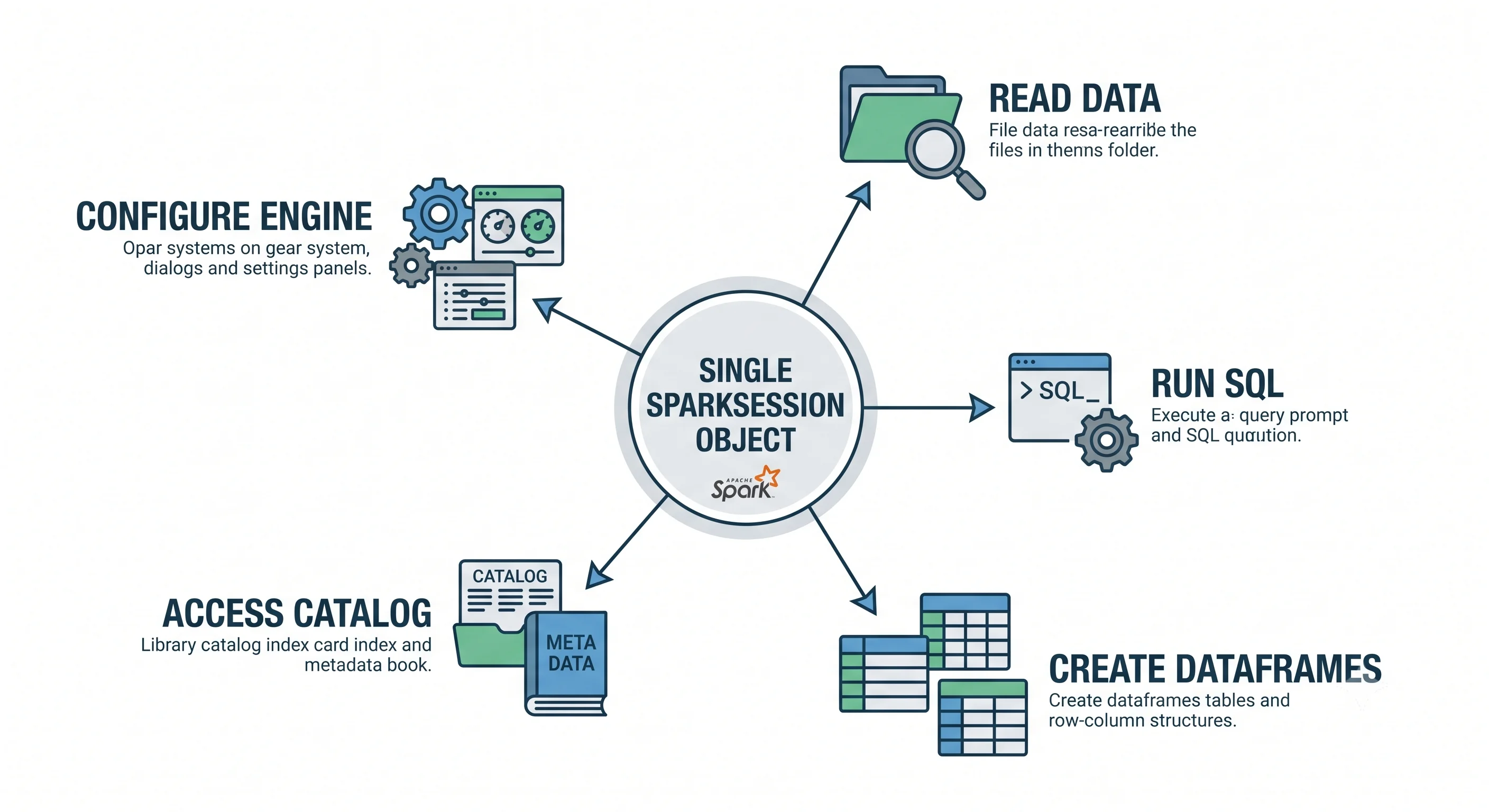A single SparkSession as a central hub with spokes radiating to Read Data, Run SQL, Create DataFrames, Access Catalog, and Configure Engine.