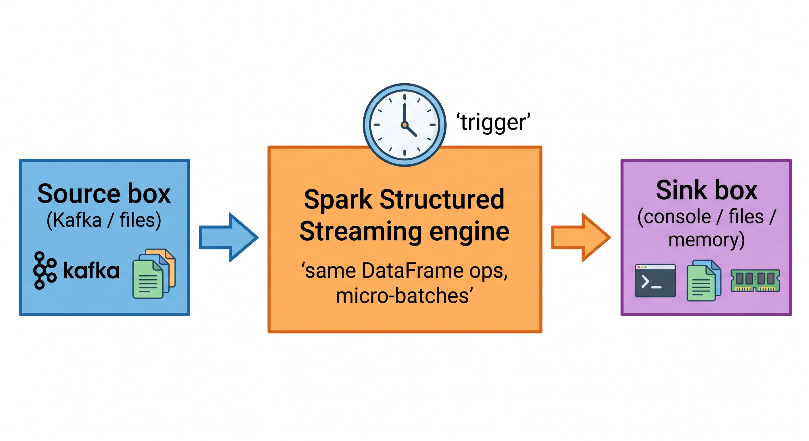A streaming pipeline: a source (Kafka or files) feeds the Spark Structured Streaming engine (same DataFrame ops, micro-batches) which writes to a sink (console, files, or memory); a trigger clock sits over the engine.