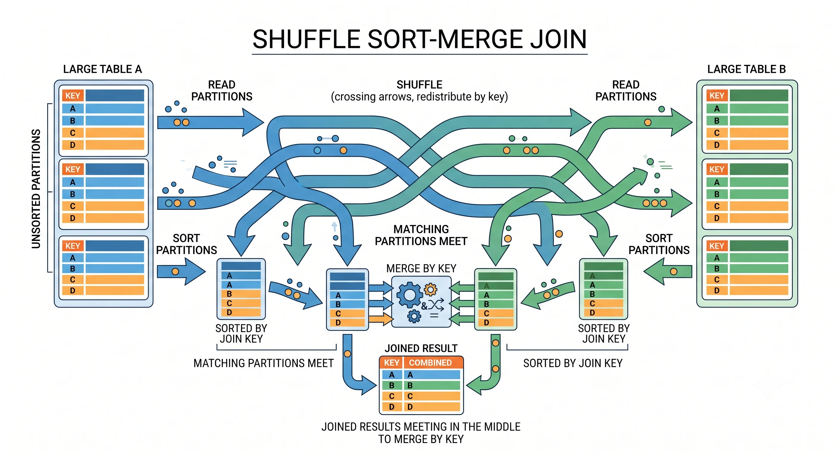 A shuffle sort-merge join: two large tables are each shuffled and sorted, then their matching partitions meet in the middle to be merged by key into a joined result.