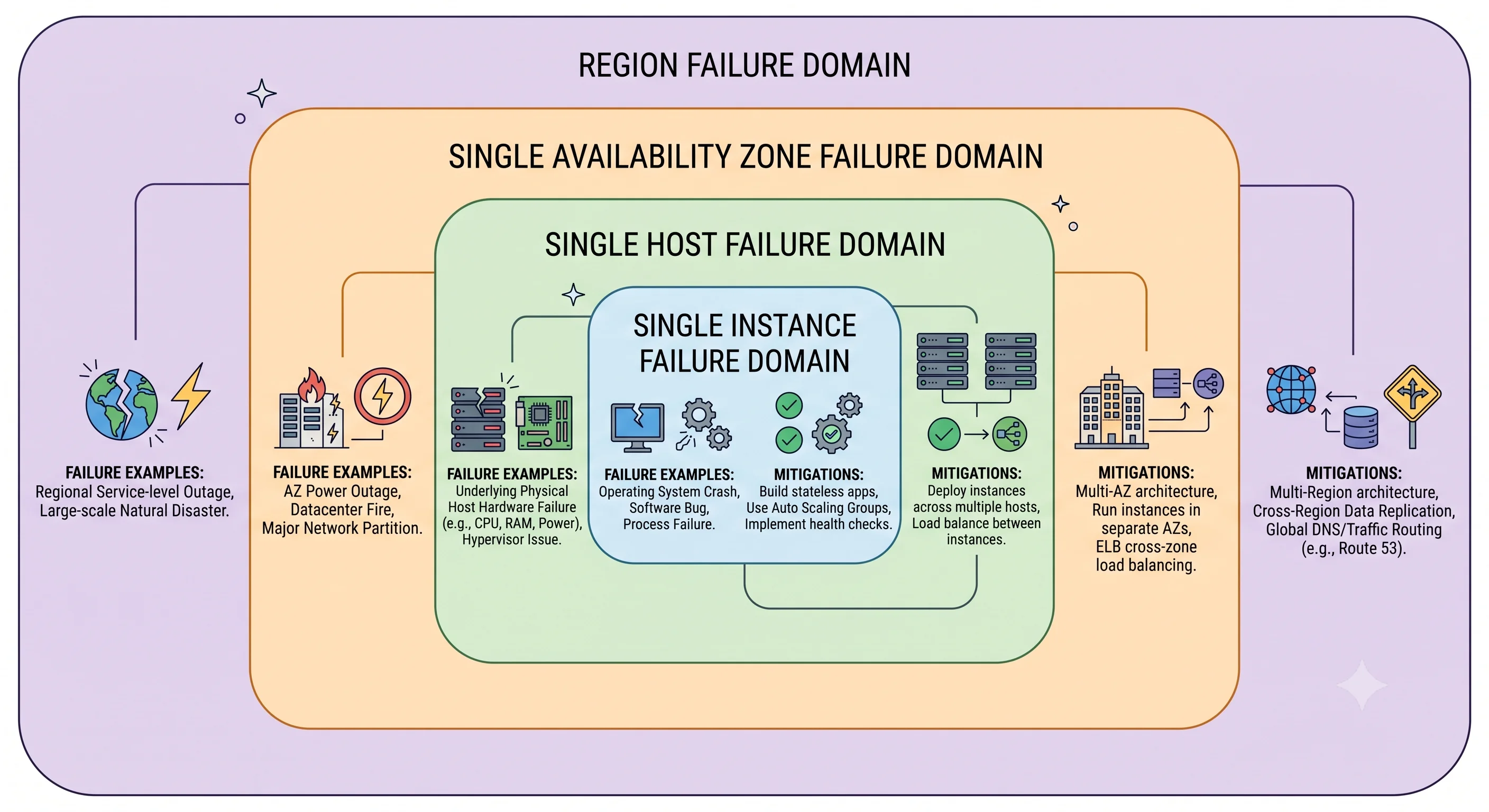 EC2 failure domains as nested boundaries — instance, host, Availability Zone, region — with the example failures and mitigations at each level