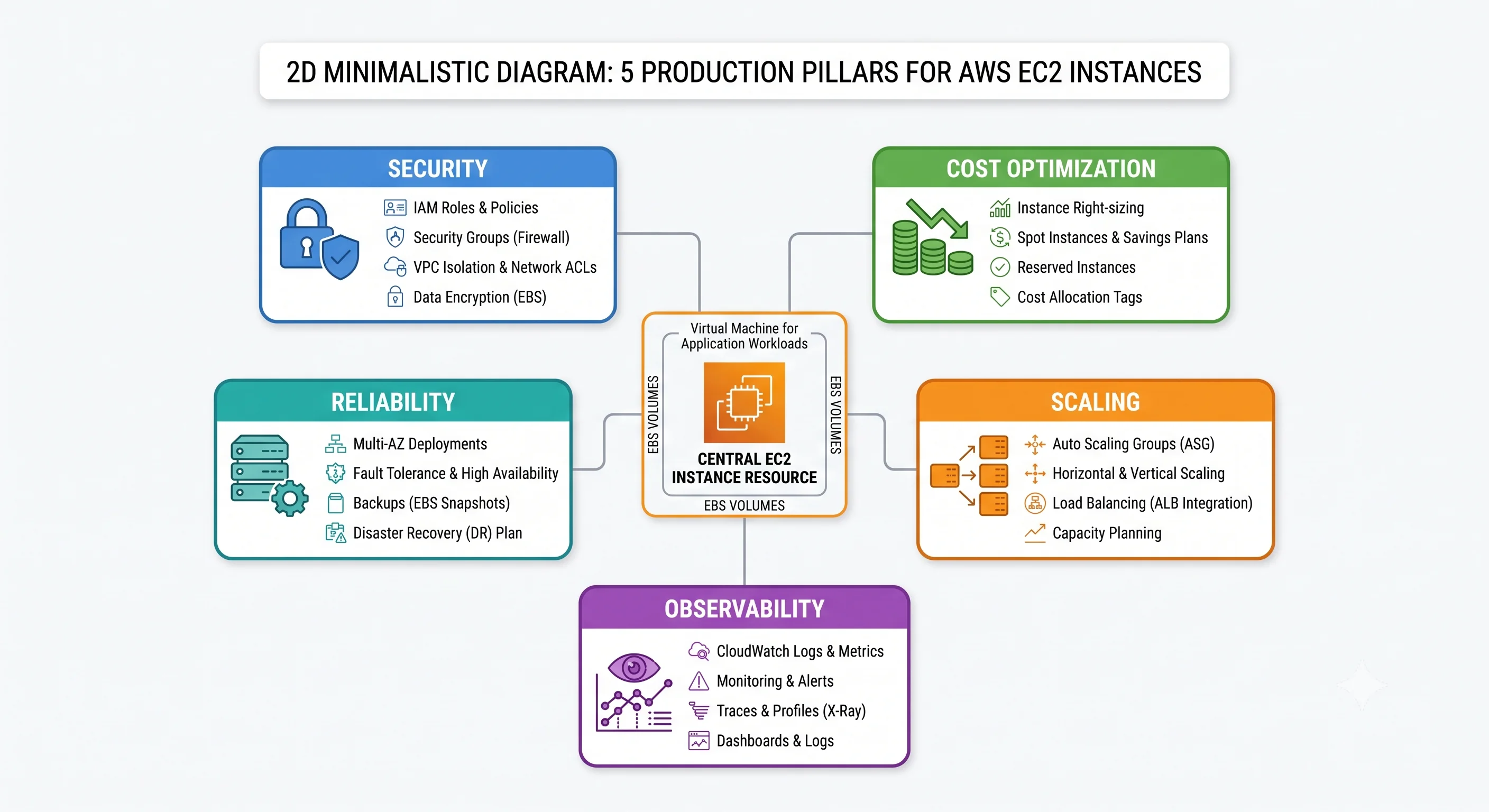 The five production pillars — security, cost, scaling, observability, reliability — around an EC2 instance