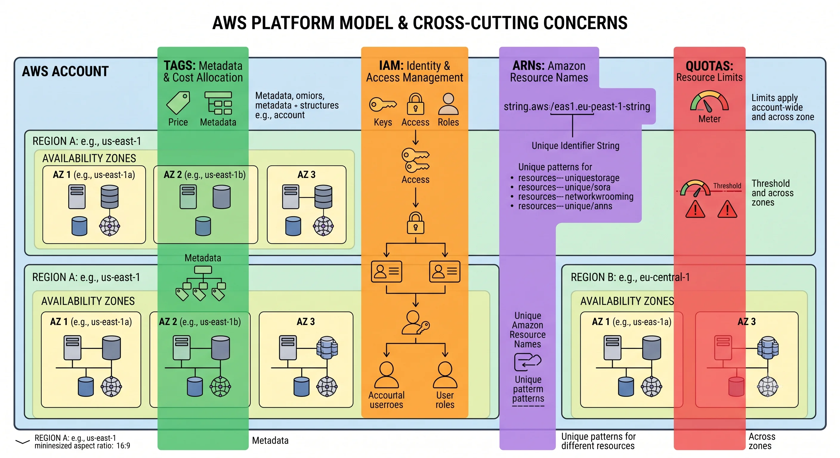 The AWS platform model: the account as the outer boundary, containing regions and Availability Zones, with IAM, ARNs, tags, and quotas as cross-cutting concerns