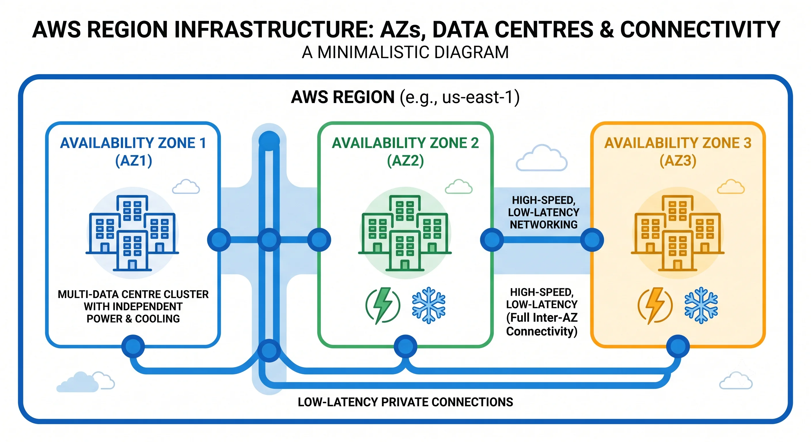 A region containing three Availability Zones, each made of one or more data centres with independent power and cooling, linked by low-latency private connections