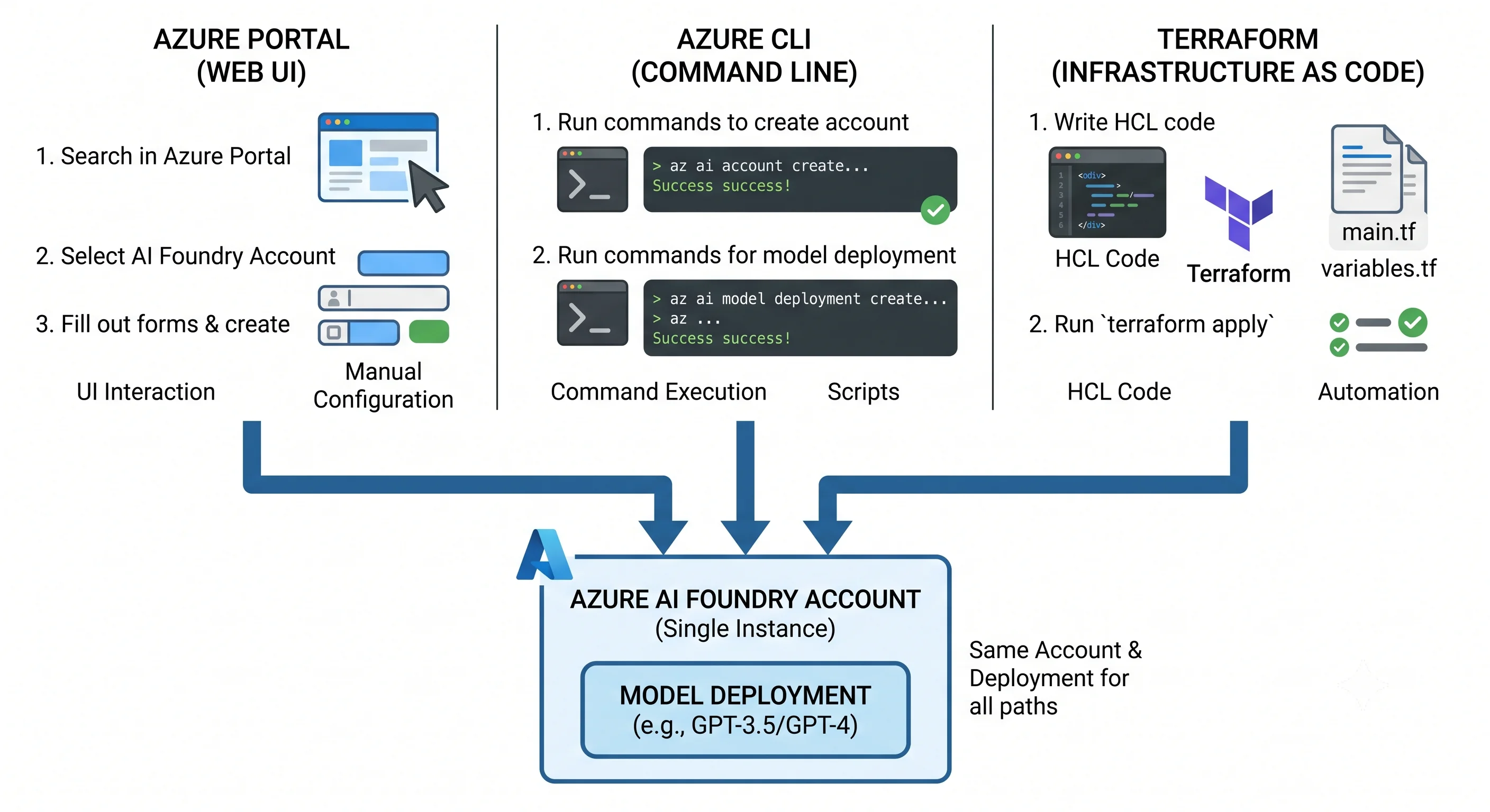 Portal, CLI, and Terraform converging on the same Foundry account and model deployment