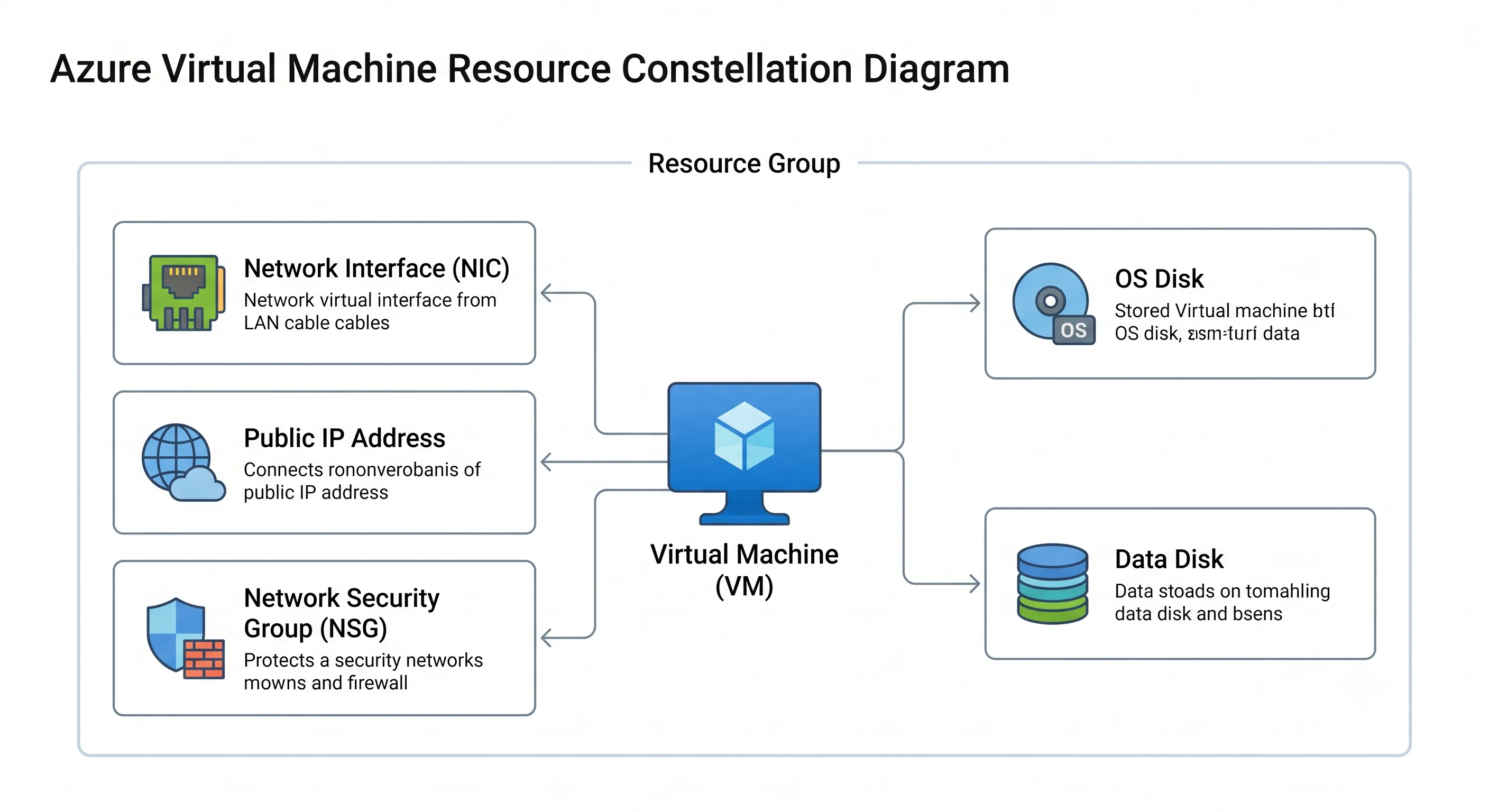 The resource constellation around a single Azure virtual machine: disks, NIC, public IP, and NSG