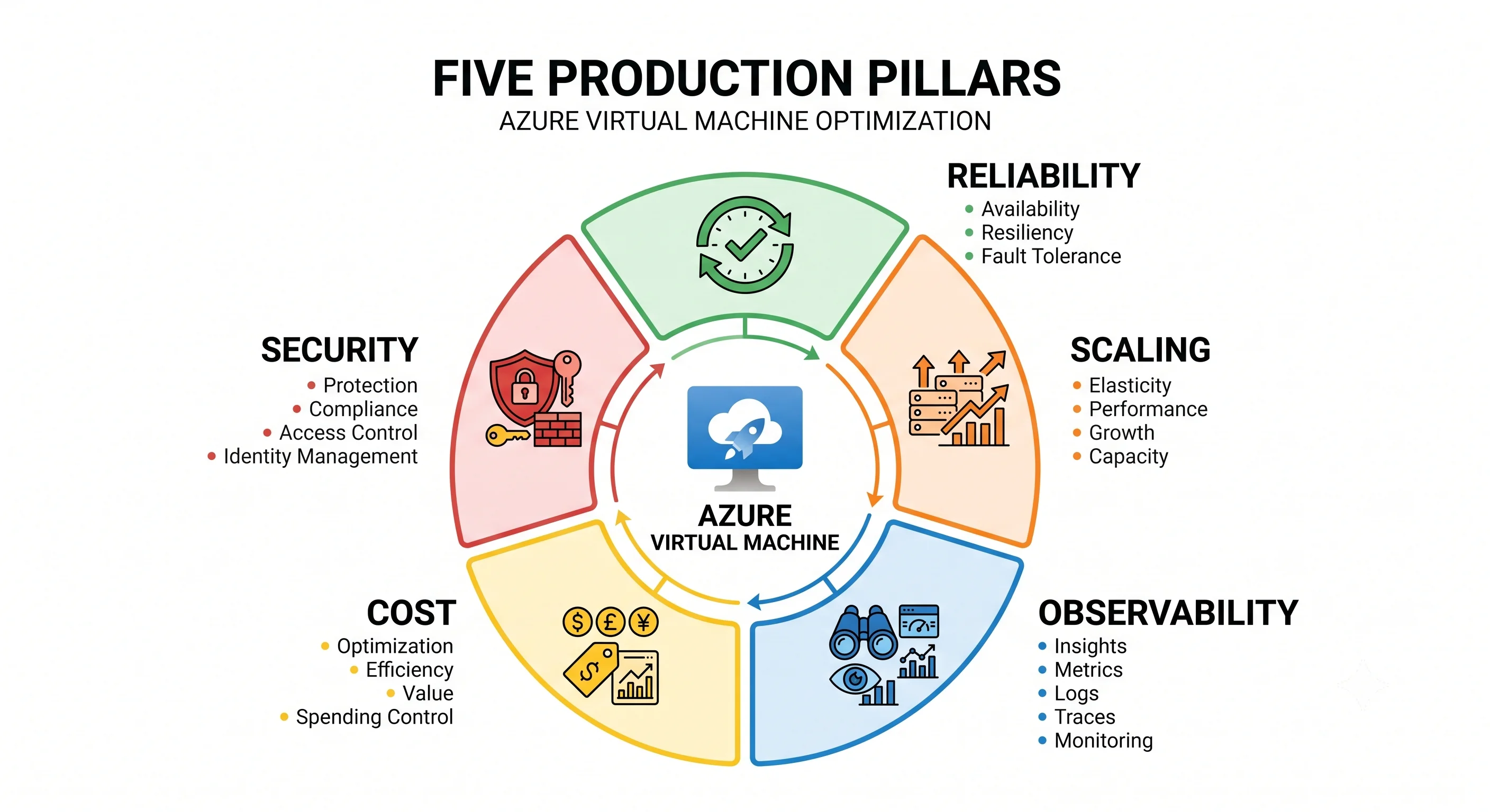 The five production pillars around a virtual machine: security, cost, scaling, observability, reliability