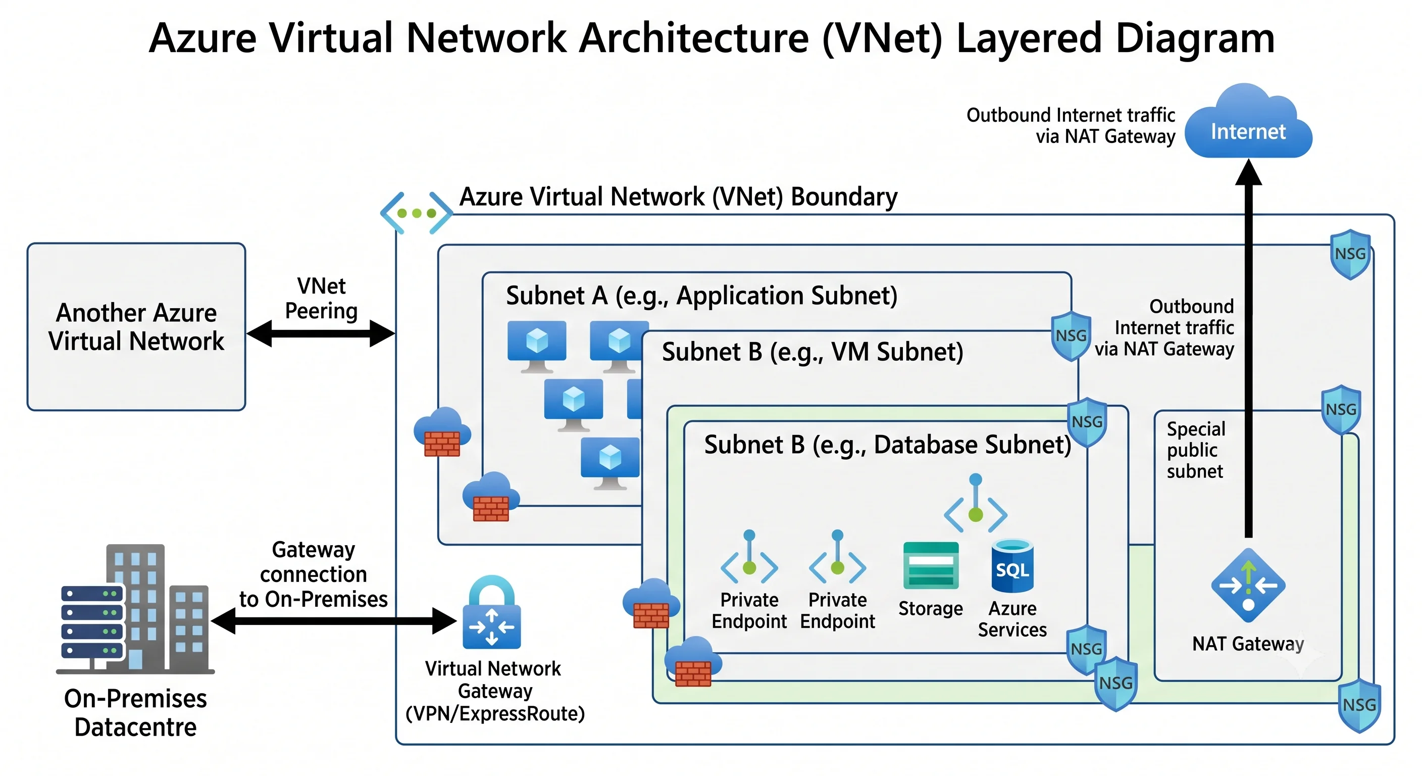 A virtual network as a boundary, with peering to another VNet, a gateway to on-premises, and a NAT gateway to the internet