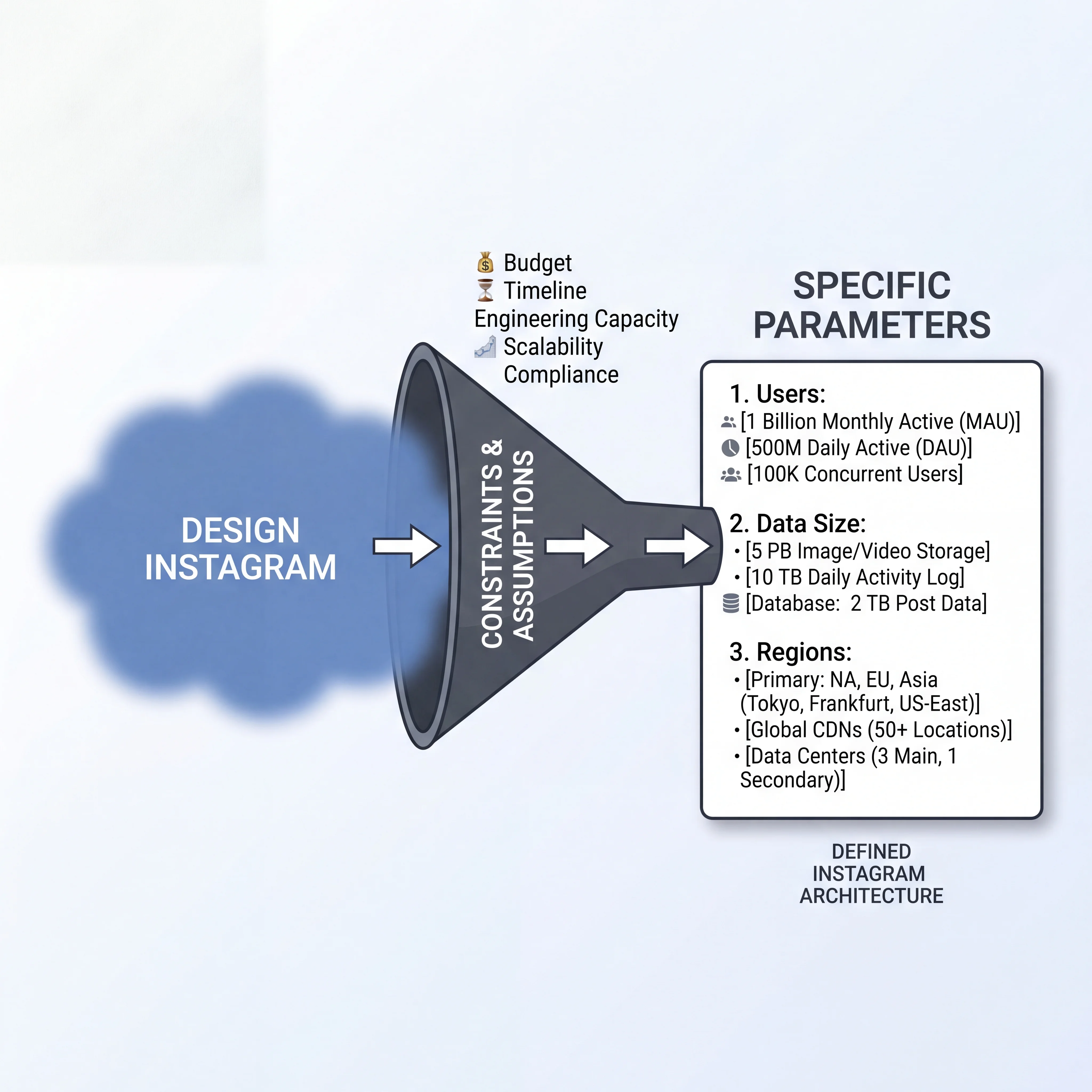 2D minimalistic diagram showing a vague cloud labeled 'Design Instagram' on the left, passing through a funnel labeled 'Constraints & Assumptions', producing a clear bounded box on the right with specific parameters like users, data size, and regions