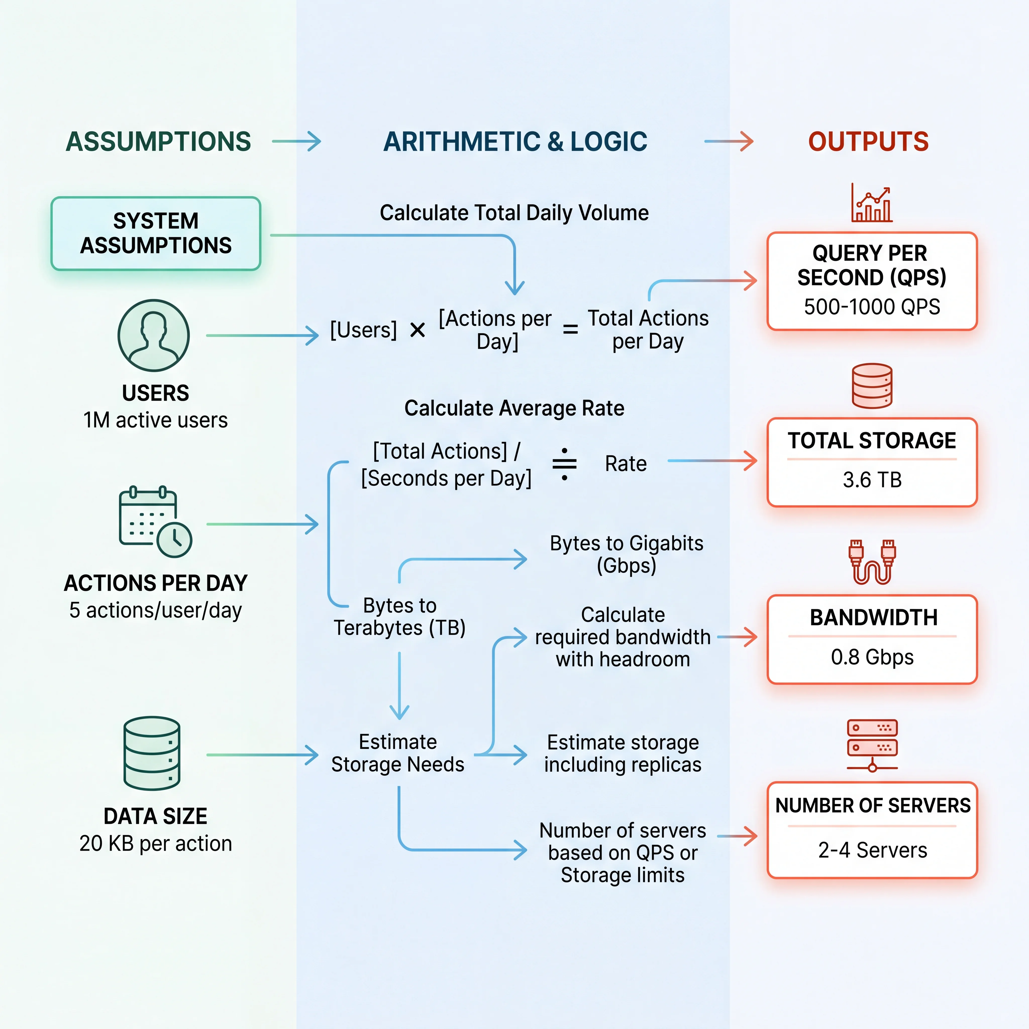 2D minimalistic diagram showing a flow from assumptions (users, actions per day, data size) through simple arithmetic to outputs (QPS, storage in TB, bandwidth in Gbps, number of servers)