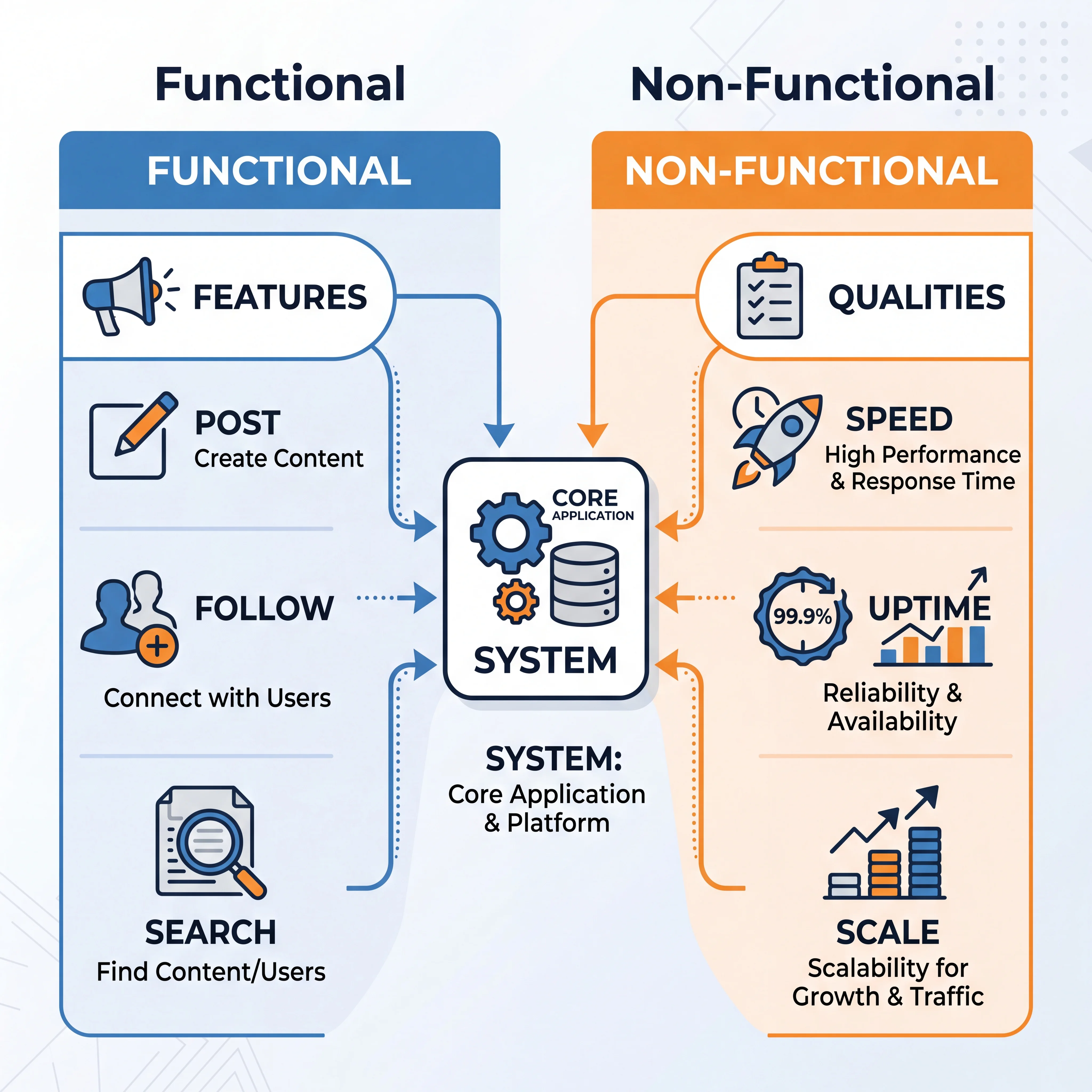 2D minimalistic diagram showing two columns: left column labeled Functional with icons for features like post, follow, search; right column labeled Non-Functional with icons for speed, uptime, scale — connected by arrows to a central system box