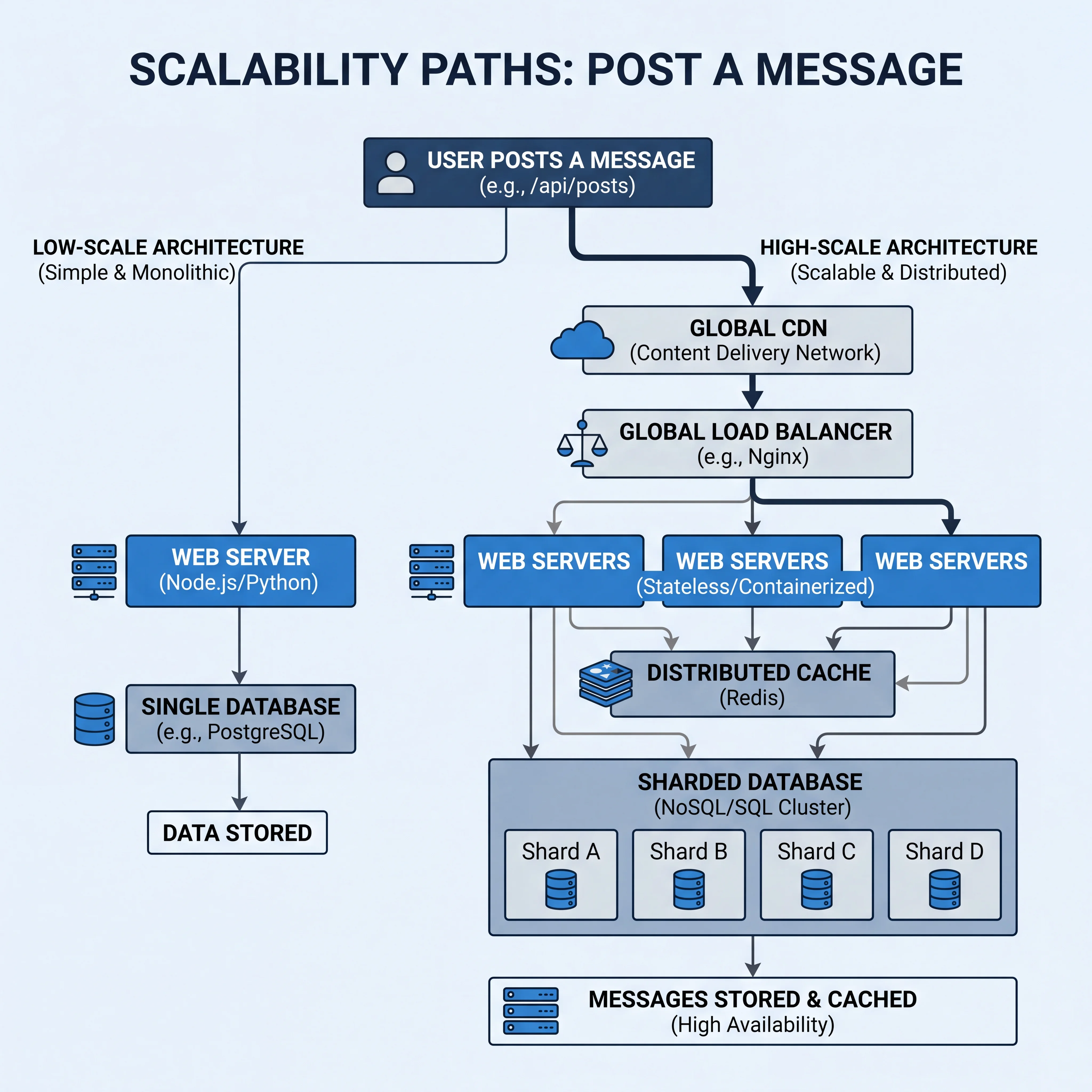 2D minimalistic diagram showing the same feature (post a message) branching into two paths: low-scale path with single server and database, high-scale path with load balancer, cache, sharded database, and CDN