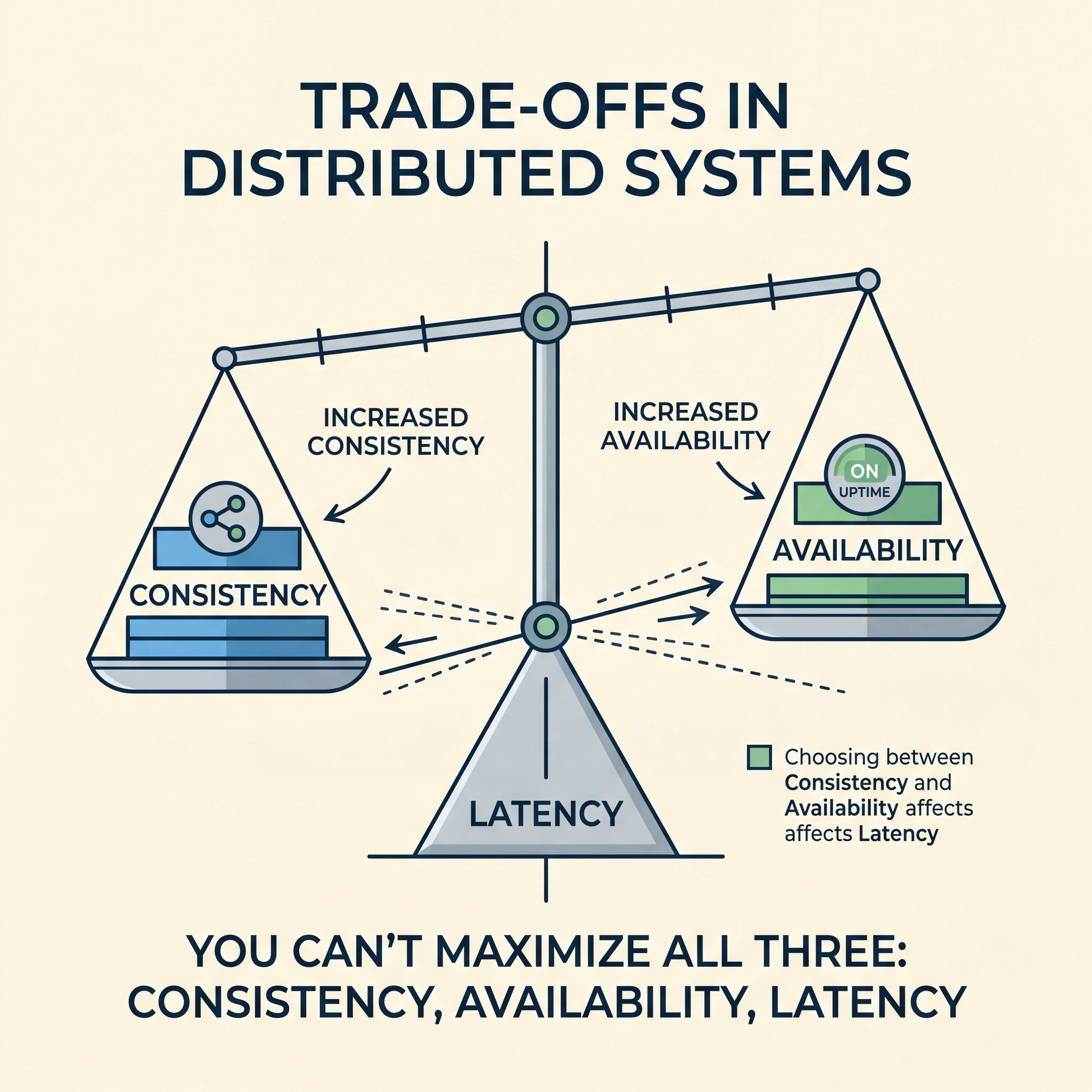 2D minimalistic balance scale diagram showing trade-offs: one side has Consistency and the other has Availability, with Latency as the fulcrum, illustrating that you can't maximize all three