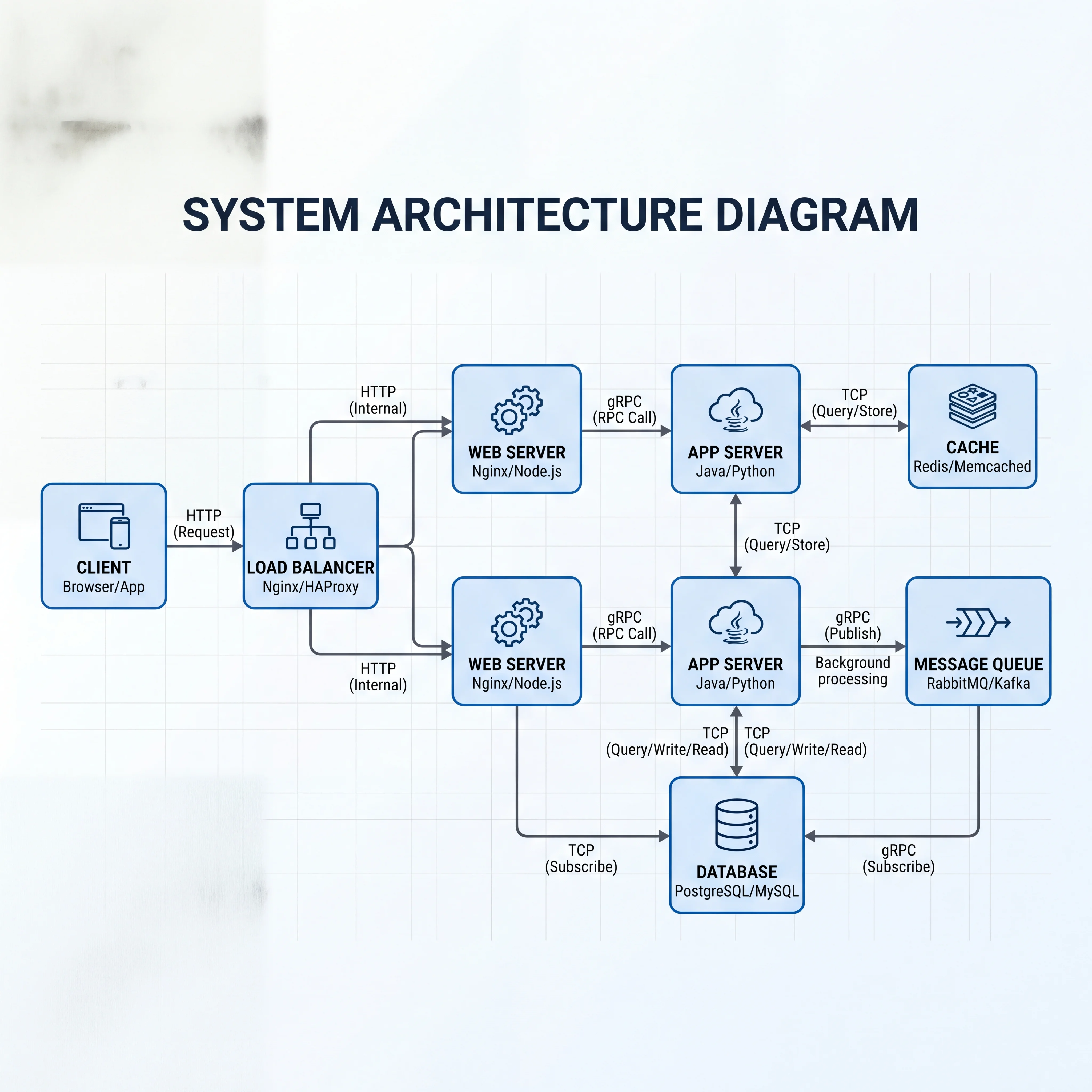 2D minimalistic architecture diagram showing boxes for client, load balancer, web server, app server, cache, database, and message queue, connected with labeled arrows showing HTTP, gRPC, and TCP protocols