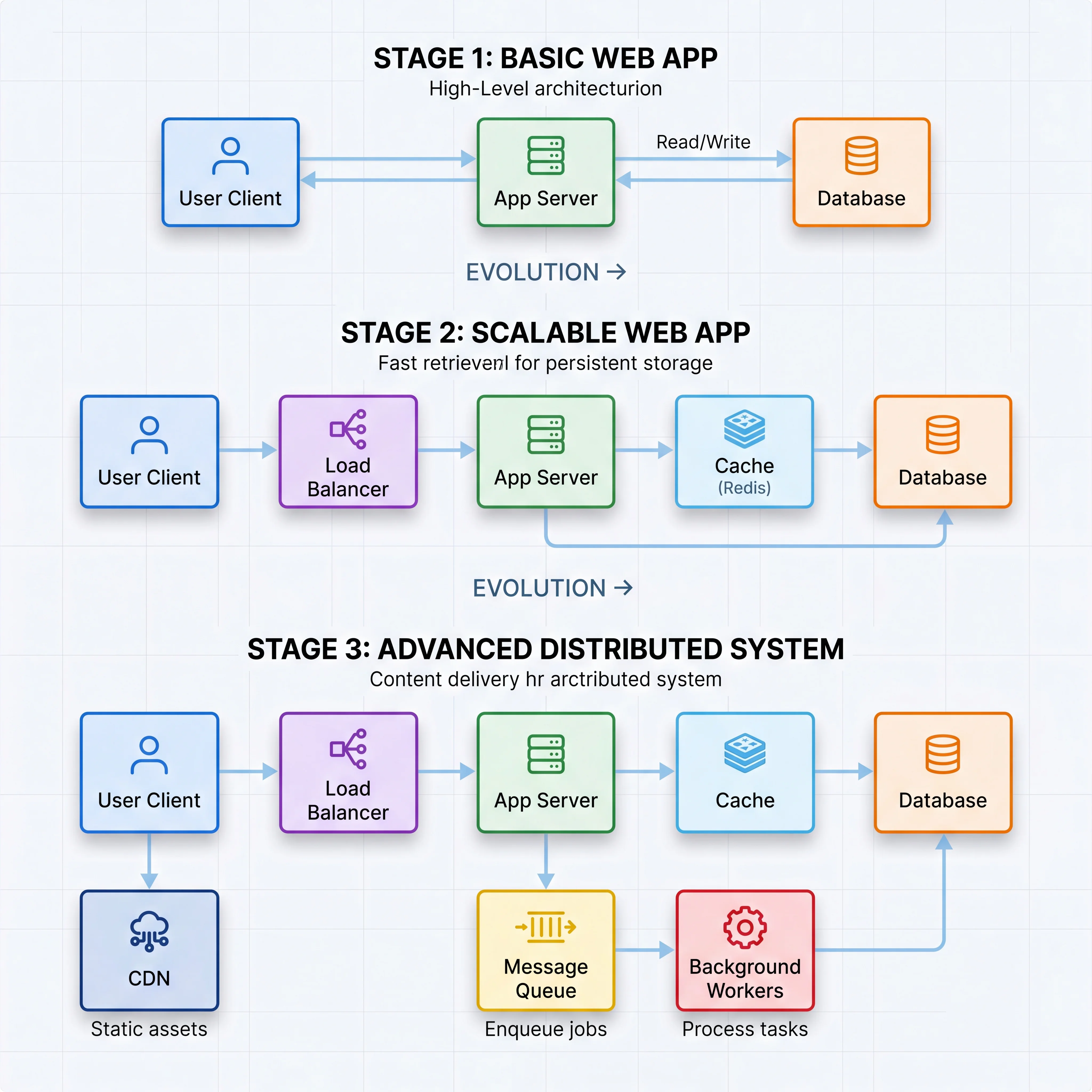 2D minimalistic diagram showing evolution of an HLD in three stages: Stage 1 has client-server-database (3 boxes), Stage 2 adds load balancer and cache (5 boxes), Stage 3 adds queue, workers, and CDN (8 boxes) — with arrows showing progression