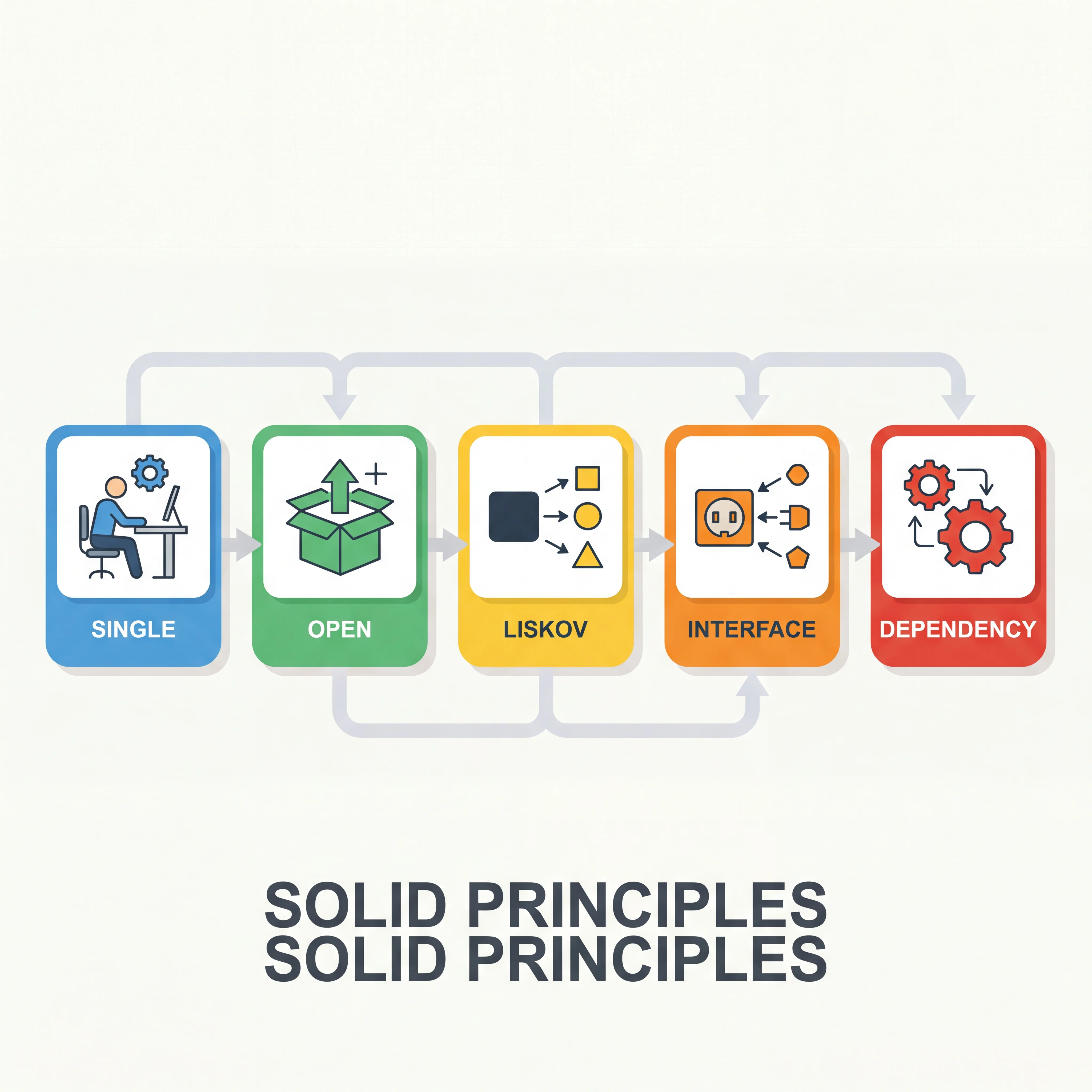 2D minimalistic diagram showing SOLID principles as five connected blocks, each with a one-word label (Single, Open, Liskov, Interface, Dependency) and a simple icon representing the concept