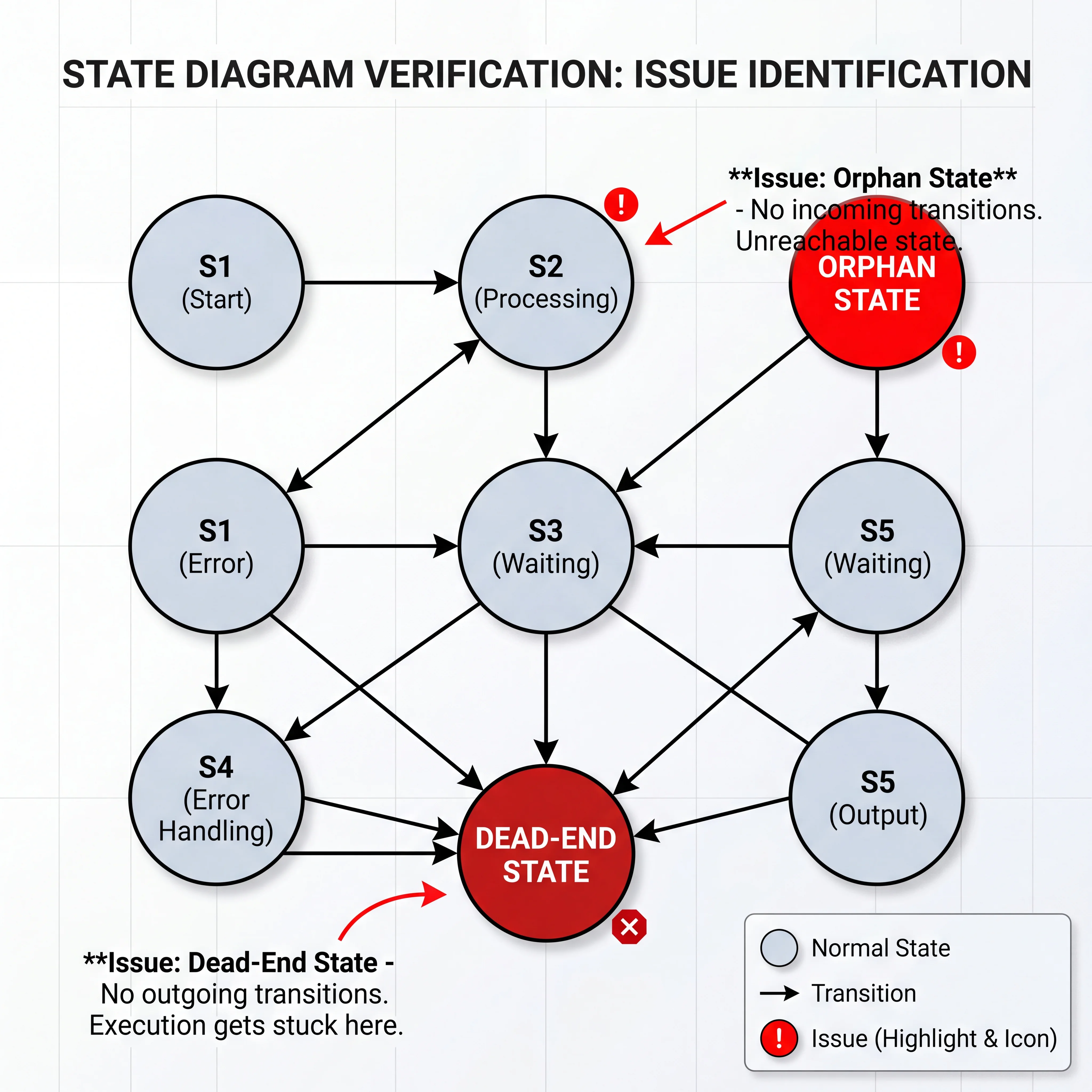 2D minimalistic diagram showing a state diagram being verified: one state highlighted in red has no incoming transitions (orphan), another has no outgoing transitions (dead end), with annotations explaining each issue