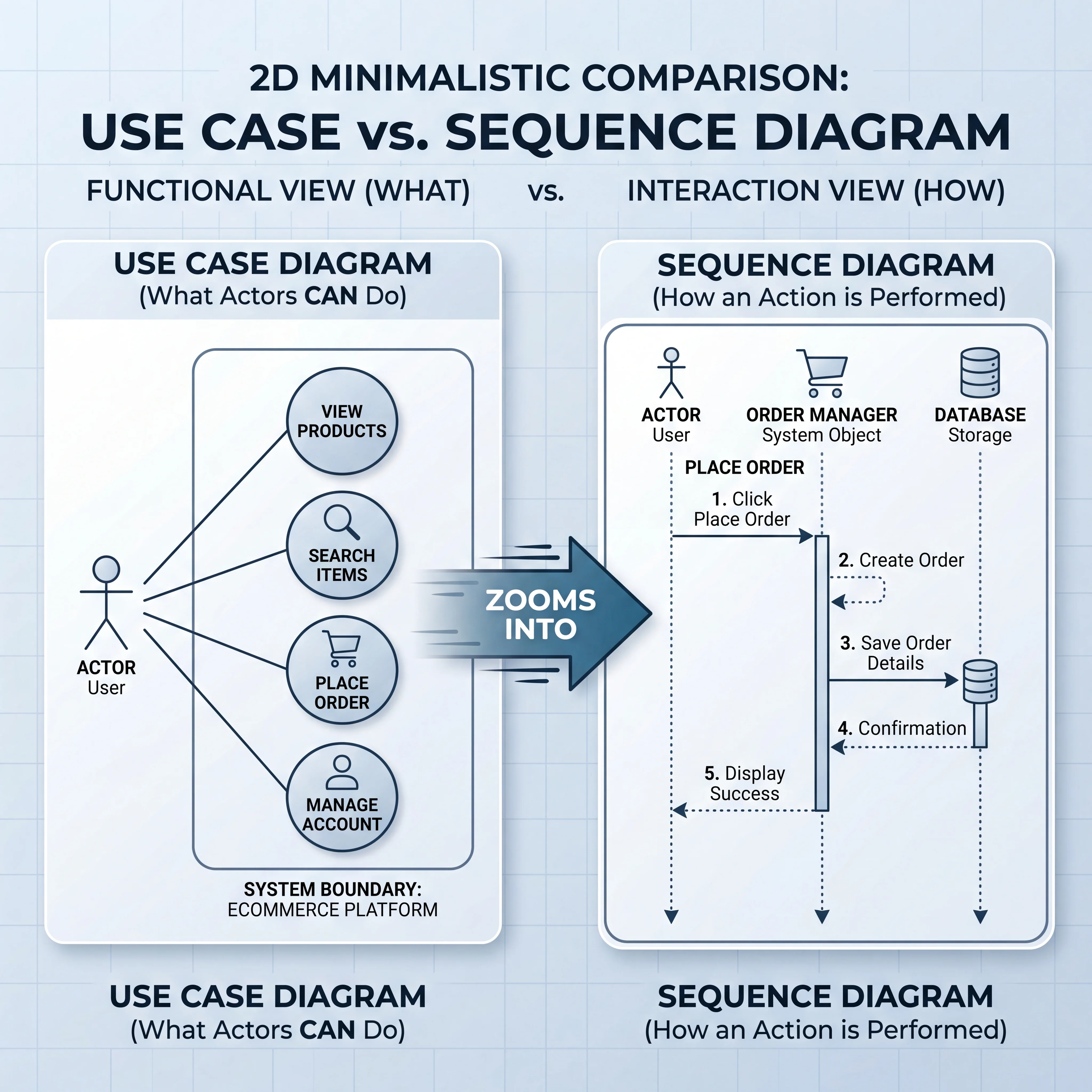 2D minimalistic comparison showing a use case diagram on the left (what actors CAN do) versus a sequence diagram on the right (HOW an action is performed), with an arrow labeled 'zooms into' connecting them
