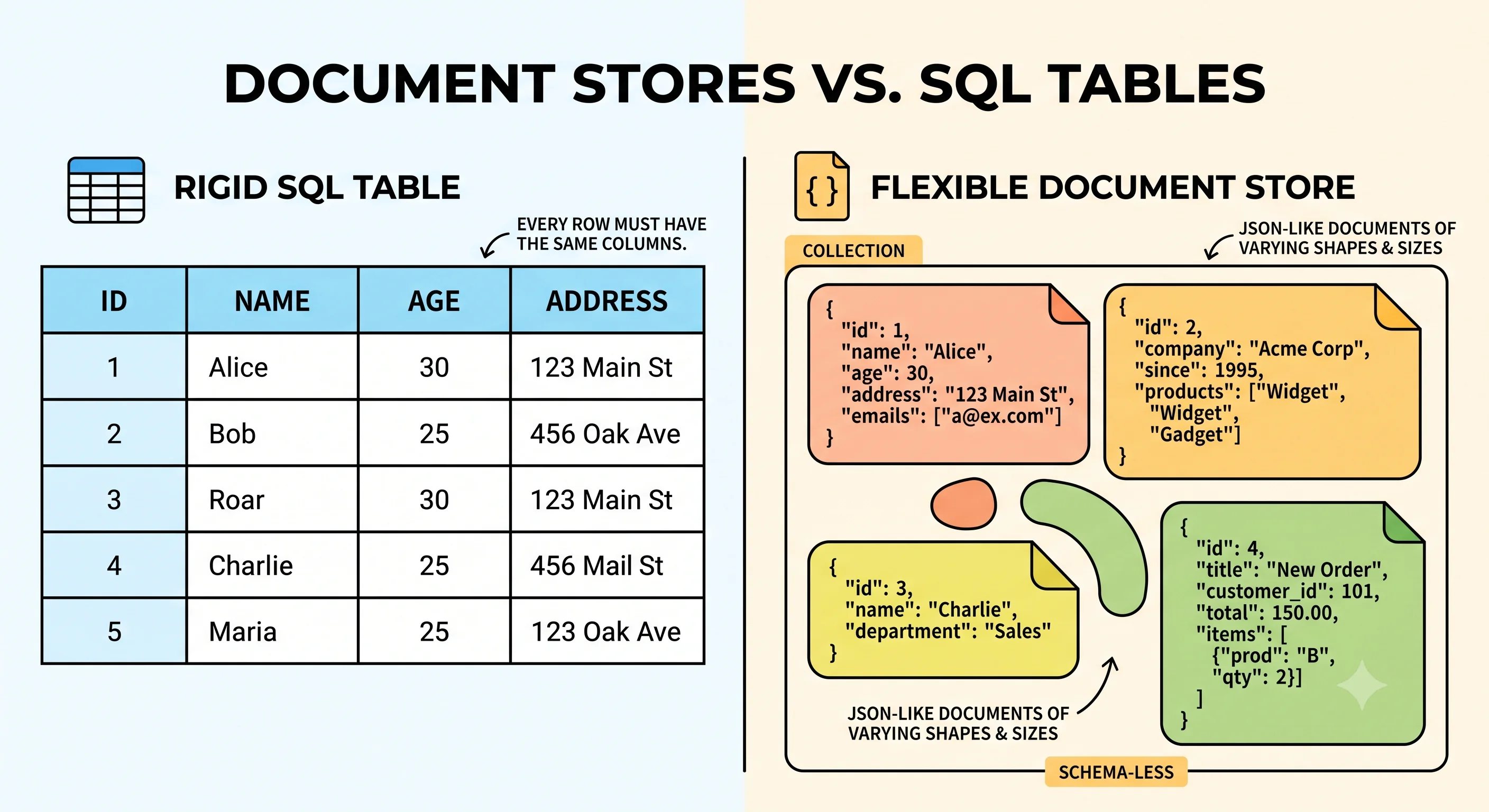 2D minimalistic diagram showing a document store as a collection of JSON-like documents of varying shapes and sizes inside a container, contrasted with a rigid SQL table grid on the left where every row must have the same columns