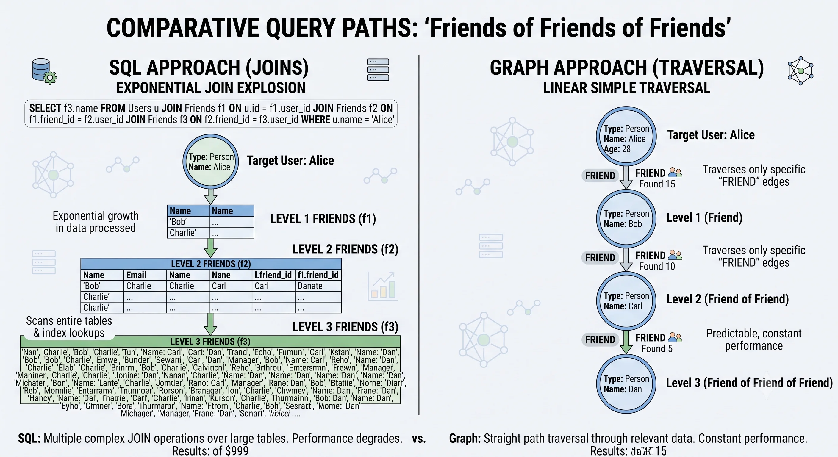 2D minimalistic split diagram: left side shows a SQL query with multiple JOIN boxes getting exponentially wider at each level, right side shows a graph traversal as a simple path through connected nodes, both answering the same 'friends of friends of friends' query