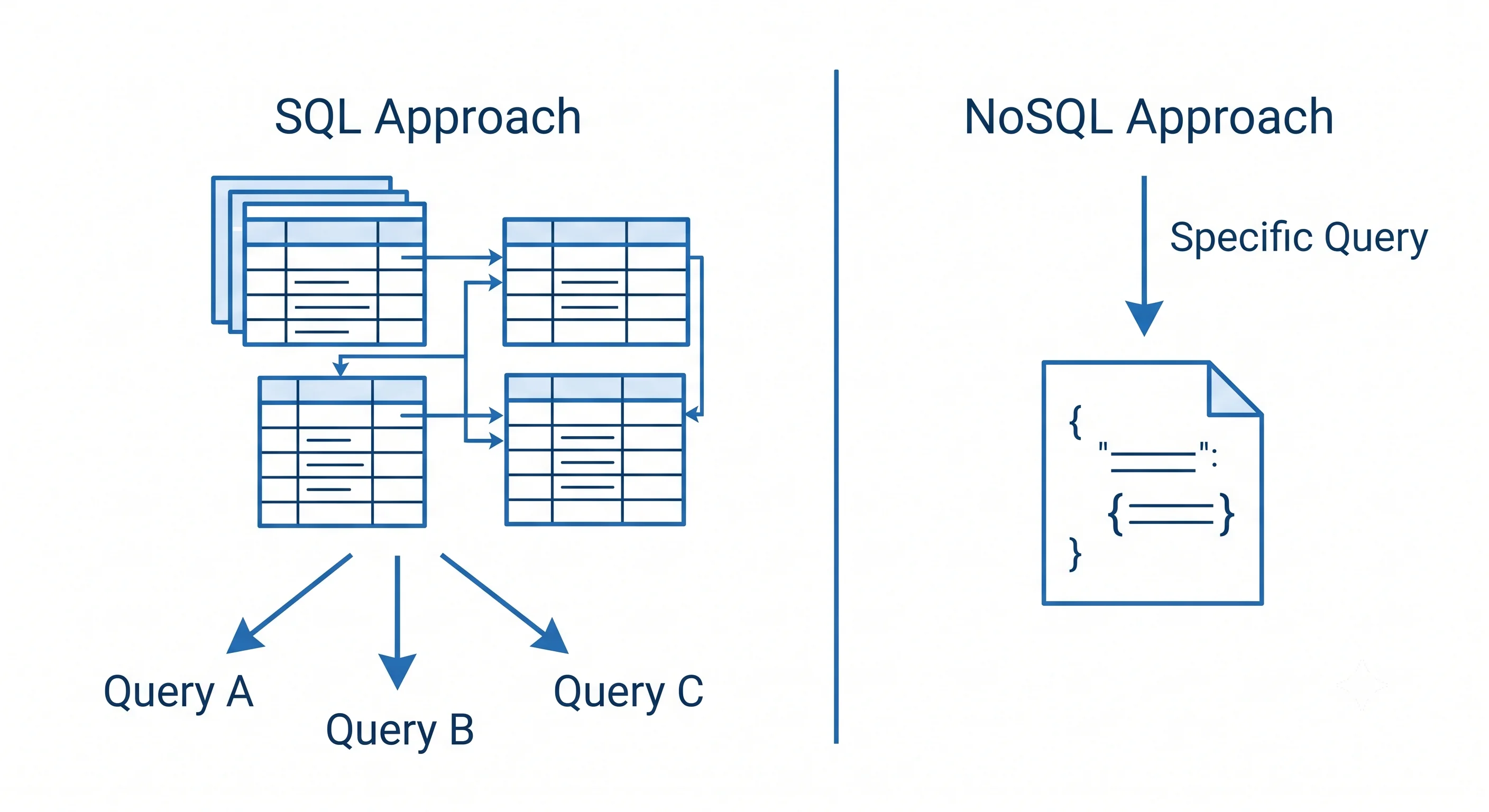2D minimalistic diagram showing two approaches side by side: left side 'SQL Approach' shows normalized tables with flexible queries fanning out, right side 'NoSQL Approach' shows denormalized data shaped exactly like the query it serves