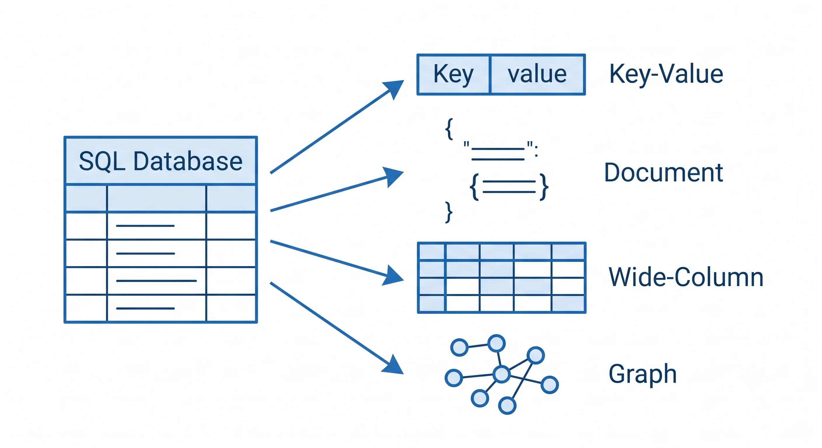 2D minimalistic diagram showing SQL as a single structured box on the left, with four arrows branching out to the right to four different NoSQL shapes: key-value (simple pairs), document (nested JSON), wide-column (sparse grid), and graph (nodes and edges)