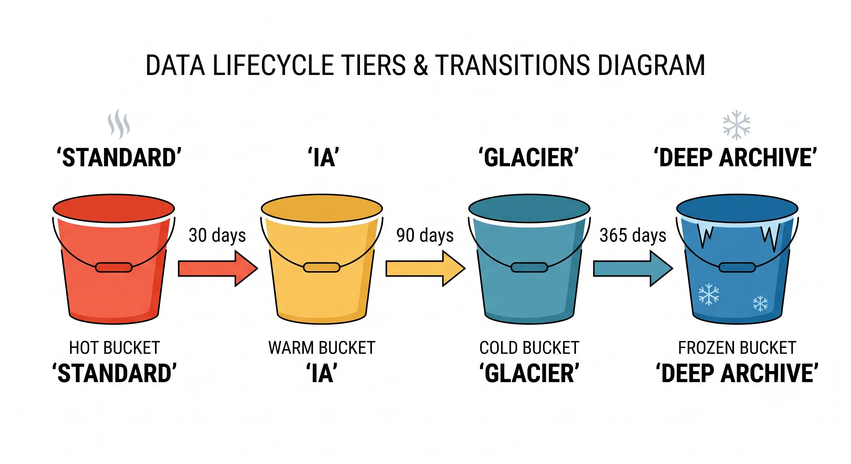 2D minimalistic diagram showing lifecycle tiers: a hot bucket labeled 'Standard' on the left, an arrow labeled '30 days' pointing to a warm bucket 'IA', then '90 days' to a cold bucket 'Glacier', and '365 days' to a frozen bucket 'Deep Archive'
