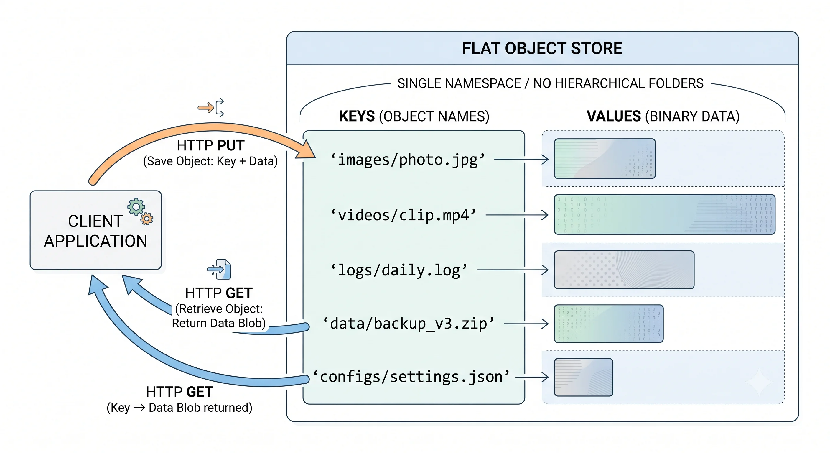 2D minimalistic diagram showing object storage as a flat collection of key-value pairs: keys on the left (paths like 'images/photo.jpg', 'videos/clip.mp4'), values on the right as binary blobs of different sizes, with HTTP GET/PUT arrows