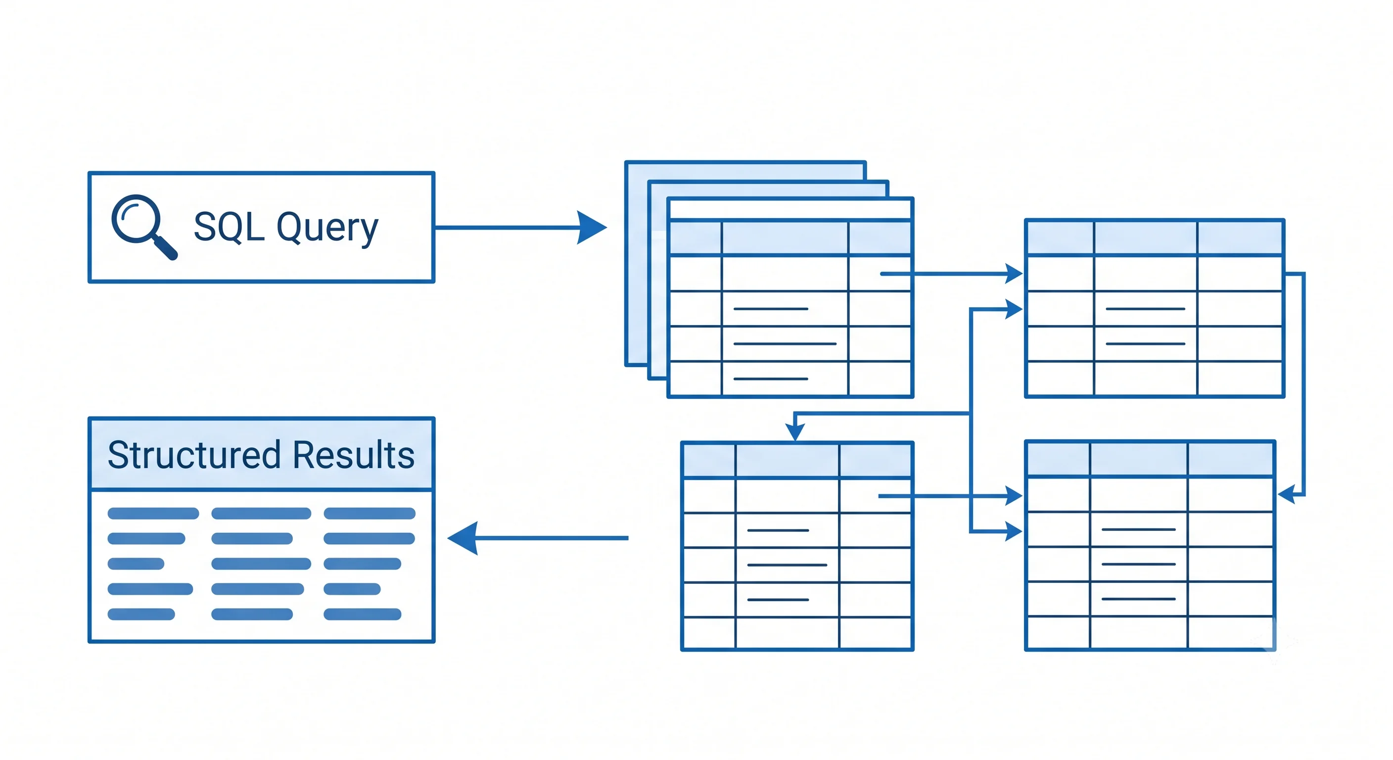 2D minimalistic diagram showing a relational database as stacked tables with rows and columns, connected by foreign key arrows between tables, with a SQL query box on the left sending a query and receiving structured results