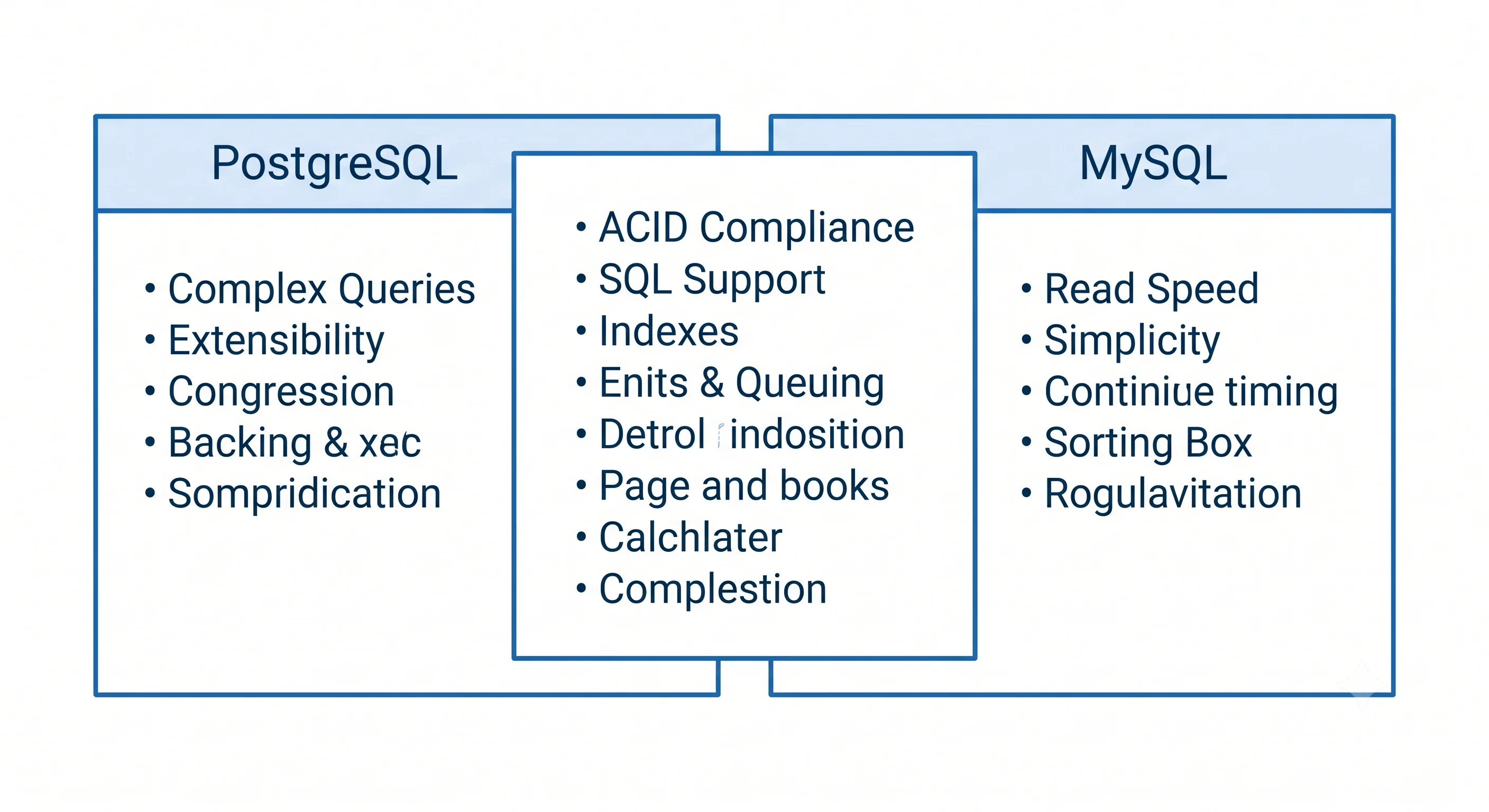 2D minimalistic comparison diagram showing PostgreSQL and MySQL as two boxes side by side, with shared features in the middle overlap area and unique strengths listed on each side