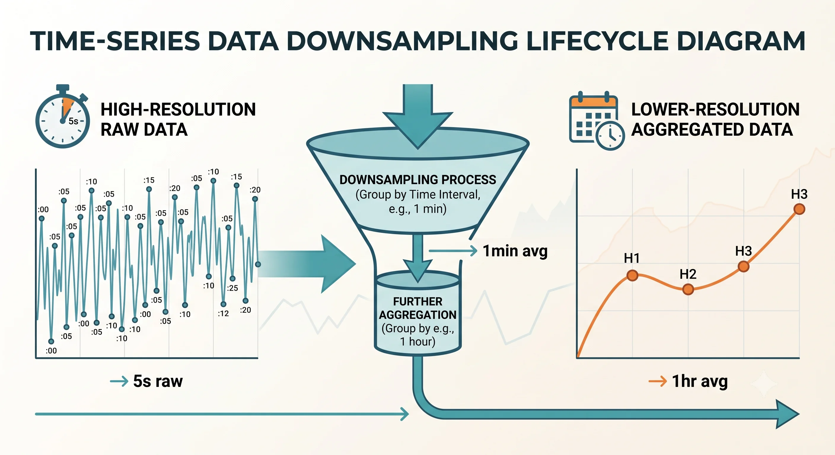 2D minimalistic diagram showing the lifecycle of time-series data: raw data points on the left (high resolution) flowing through a downsampling funnel to aggregated data on the right (lower resolution), with labels showing '5s raw → 1min avg → 1hr avg'