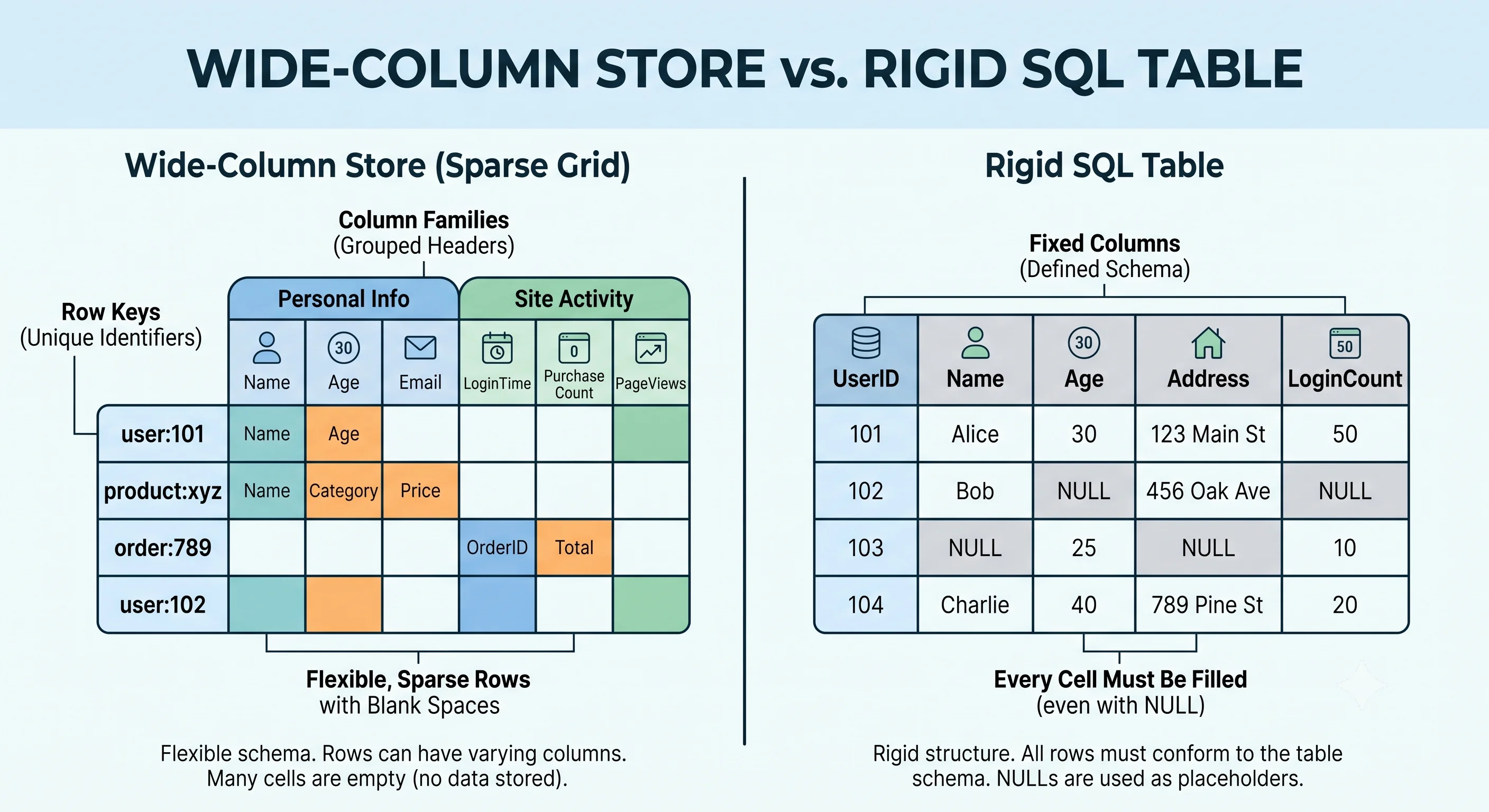 2D minimalistic diagram showing a wide-column store as a sparse grid: rows have different numbers of filled cells, with a row key on the left and column families as grouped headers, contrasted with a rigid SQL table where every cell is filled