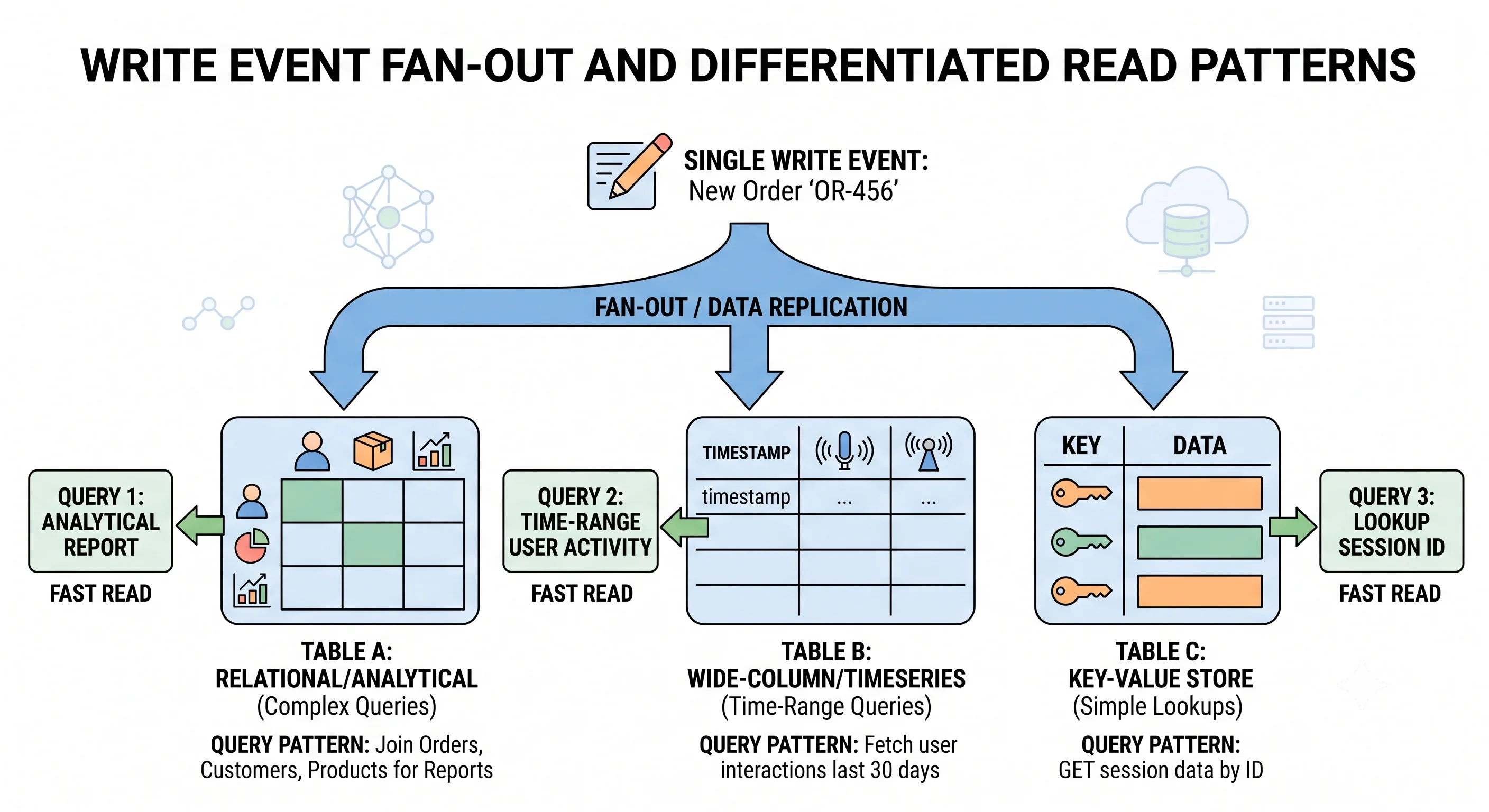 2D minimalistic diagram showing a single write event fanning out to multiple tables, each shaped for a different query pattern, with read arrows showing fast single-table lookups