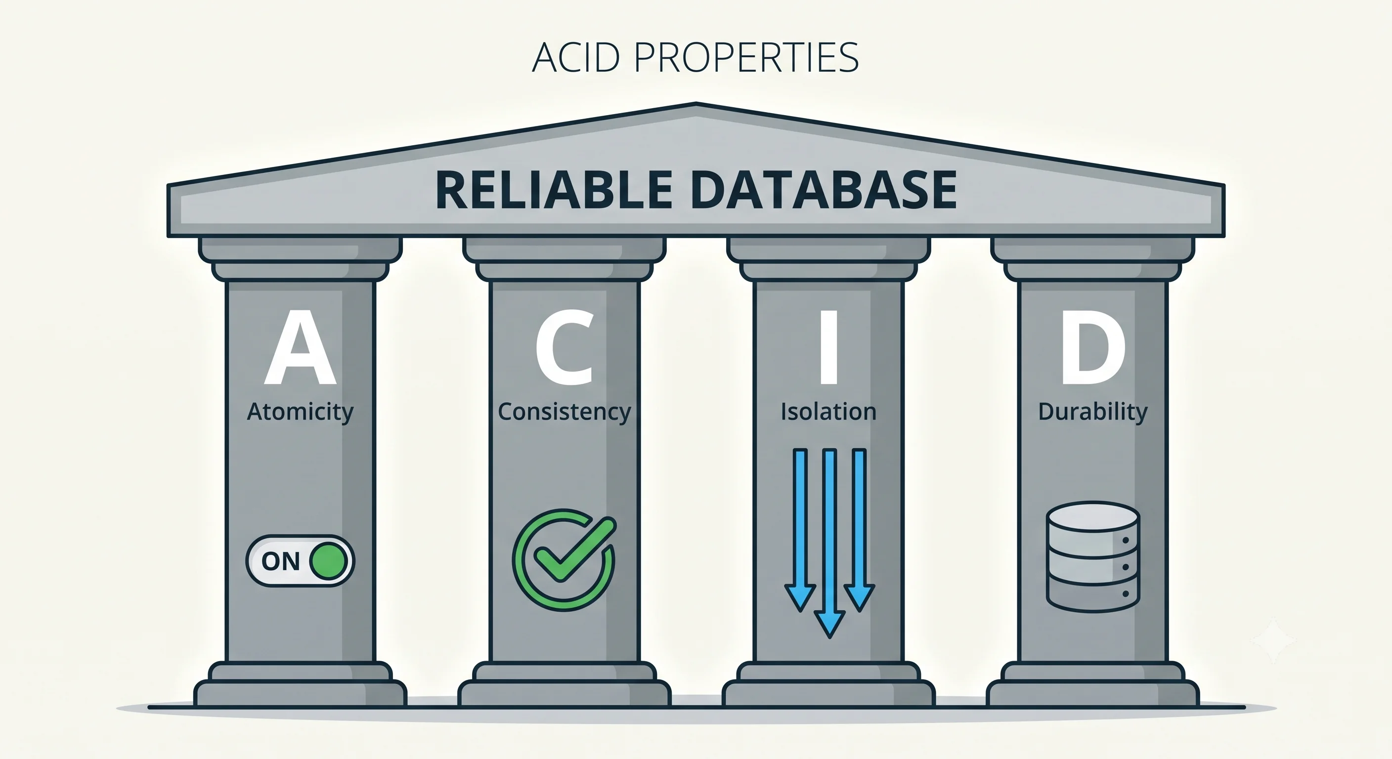 2D minimalistic diagram showing four pillars labeled A, C, I, D supporting a "Reliable Database" roof, with simple icons under each: a toggle switch for Atomicity, a checkmark for Consistency, parallel non-crossing lines for Isolation, and a disk icon for Durability